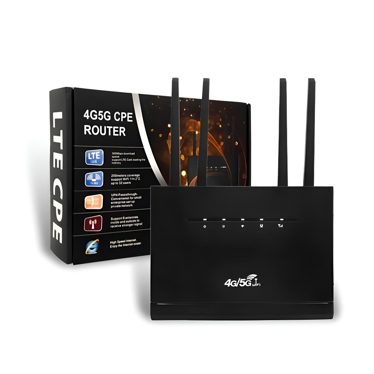Schwarzer 4G/5G CPE-Router mit Antennen und Box. Box-Details LTE CPE.