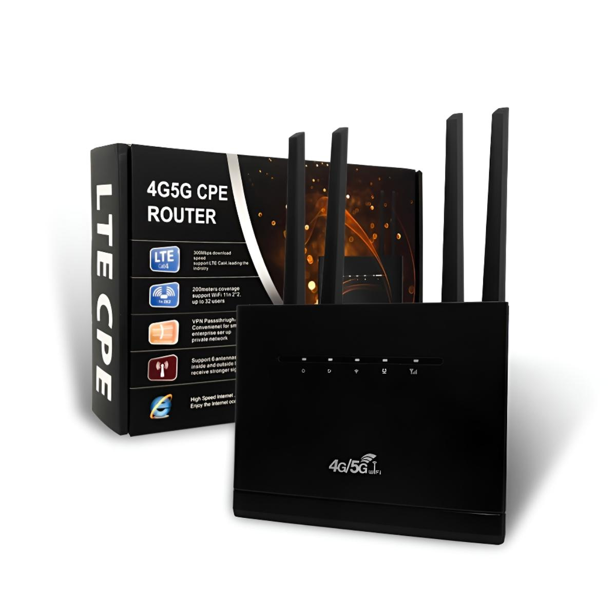 Schwarzer 4G/5G CPE Router und seine Box. Der Router hat mehrere Antennen und LED-Anzeigen.
