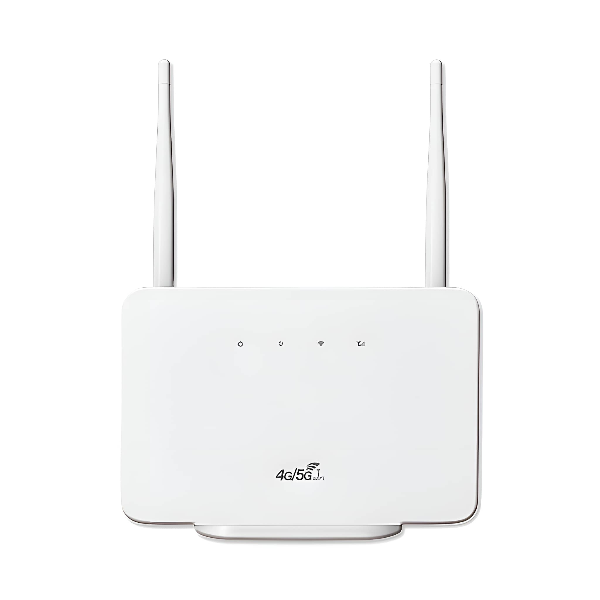 Weißer Router mit zwei Antennen. Er hat 4G/5G-Symbole und Kontrollleuchten.