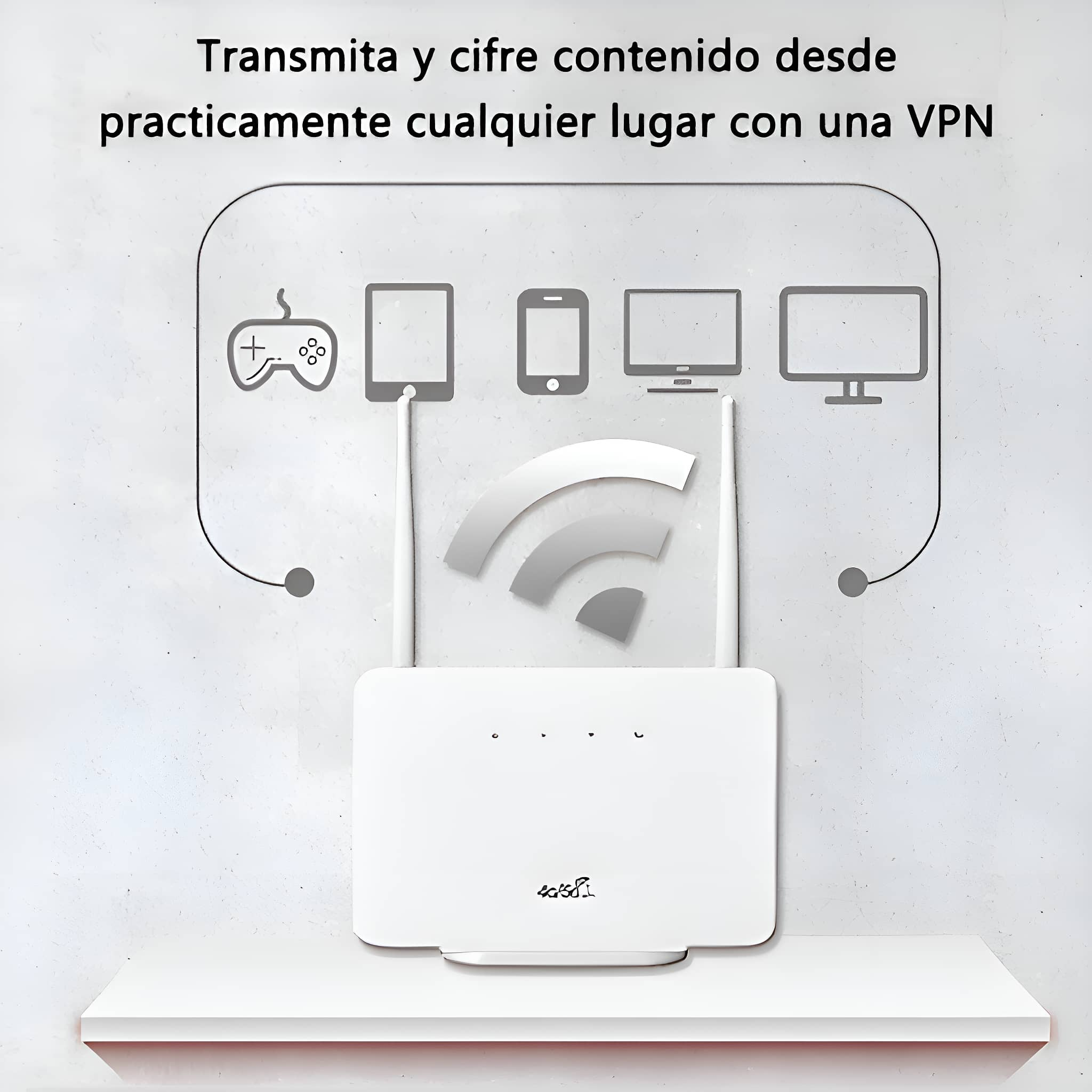 Ein weißer WLAN-Router auf einem Regal mit Symbolen und Text zu VPN.