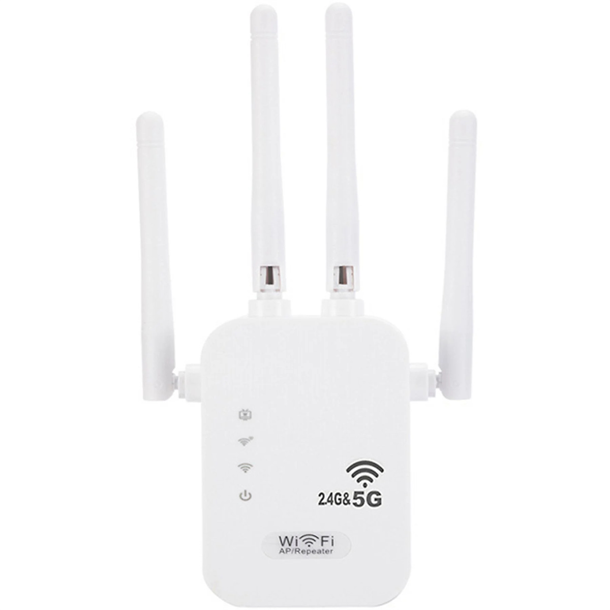 Weißer WLAN-AP/Repeater mit vier Antennen. Hat Strom-, WLAN- und Signallichter.