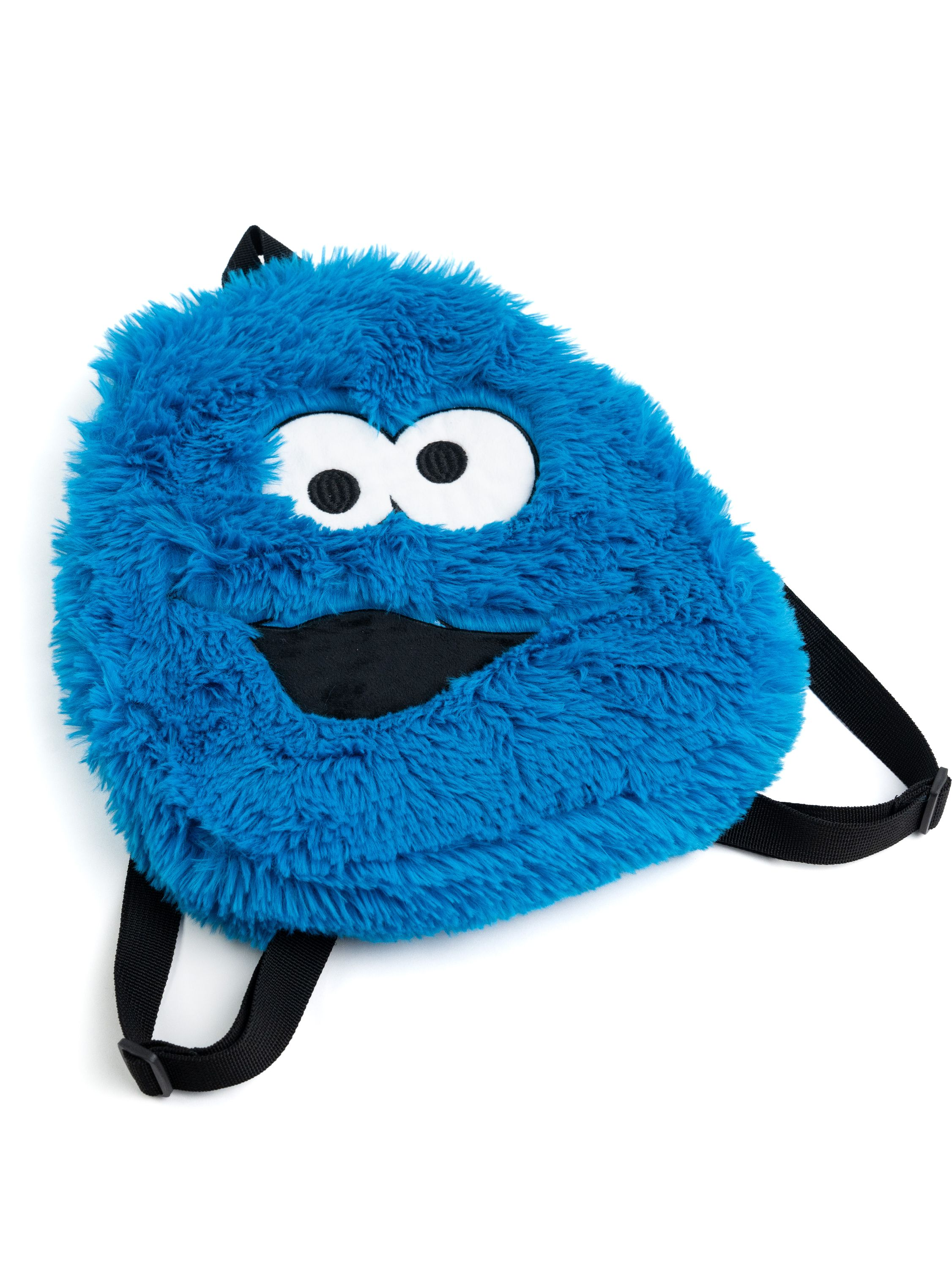 Blauer Krümelmonster-Rucksack mit schwarzen Trägern, weißen Augen und einem lächelnden Mund.