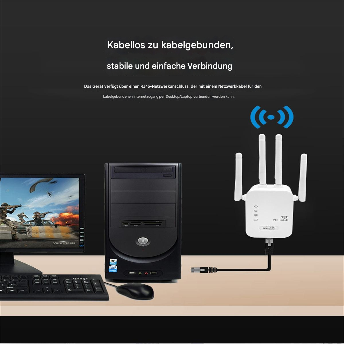 Netzwerk-Extender-Setup mit PC, Router und Verbindungskabel.