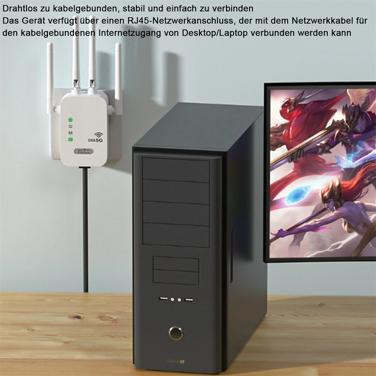Ein drahtloser Netzwerk-Extender und ein Computerturm sowie ein Monitor, der eine Spielszene anzeigt.
