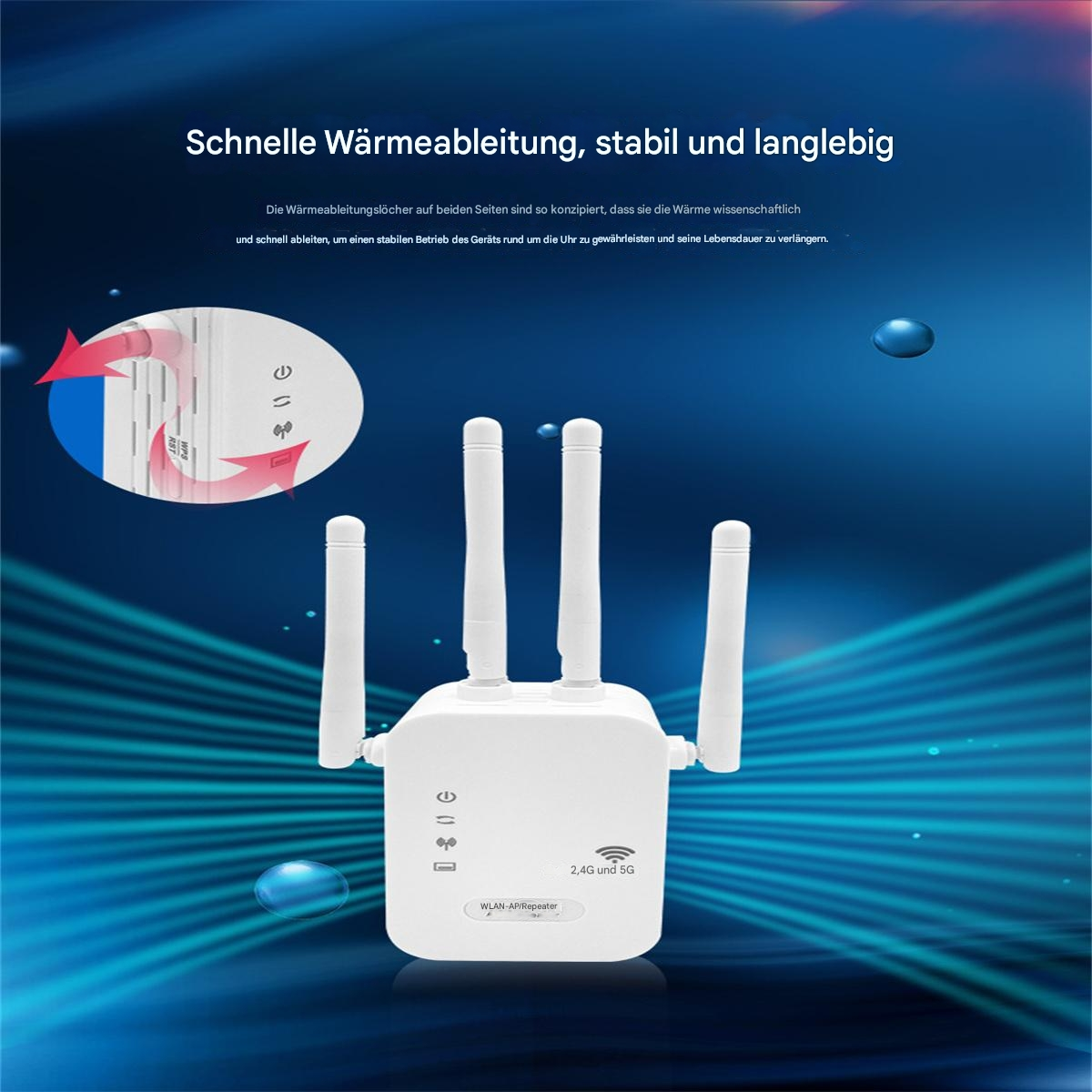 Weißer WLAN-Repeater mit Antennen. Blauer Gradientenhintergrund mit Text.
