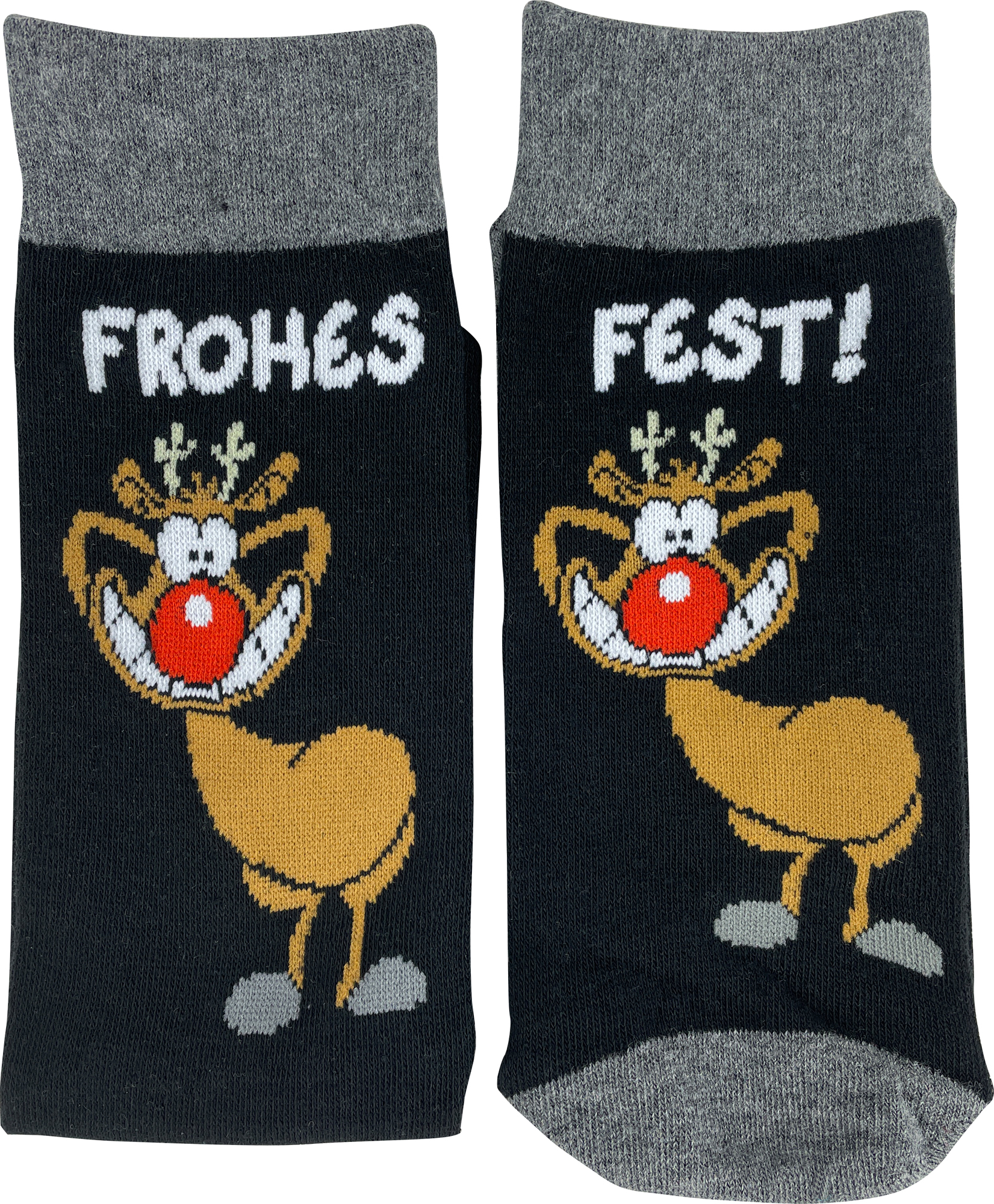 Paar schwarze Socken mit Cartoon-Rentier.
