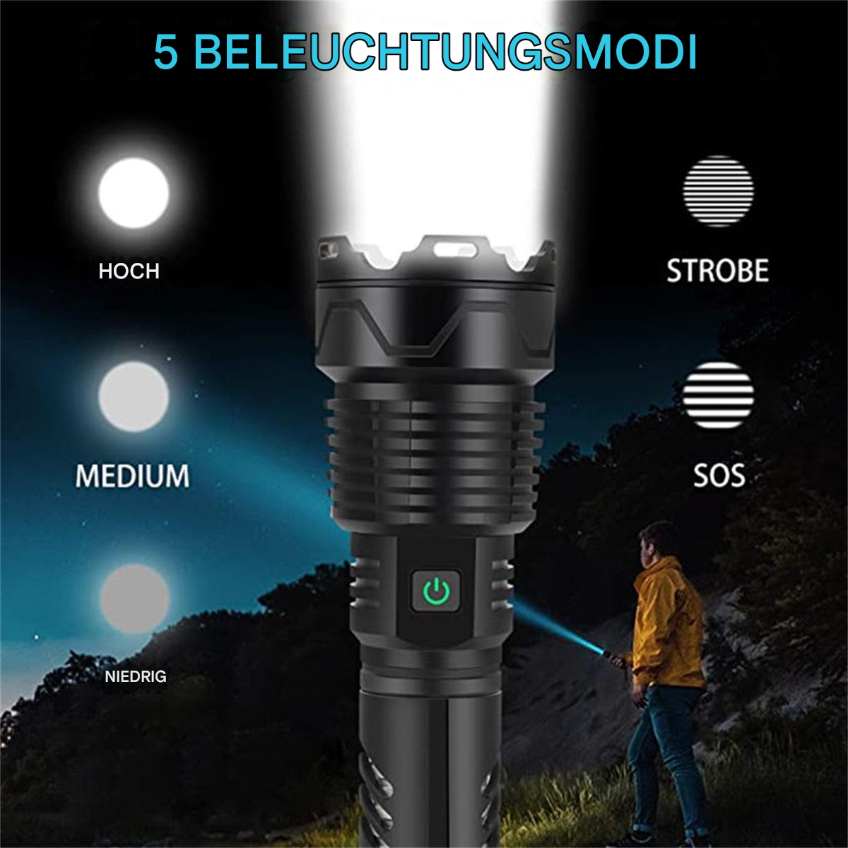 Schwarze Taschenlampe mit verschiedenen Lichtmodi. Eine Person hält die Taschenlampe in dunkler Umgebung.