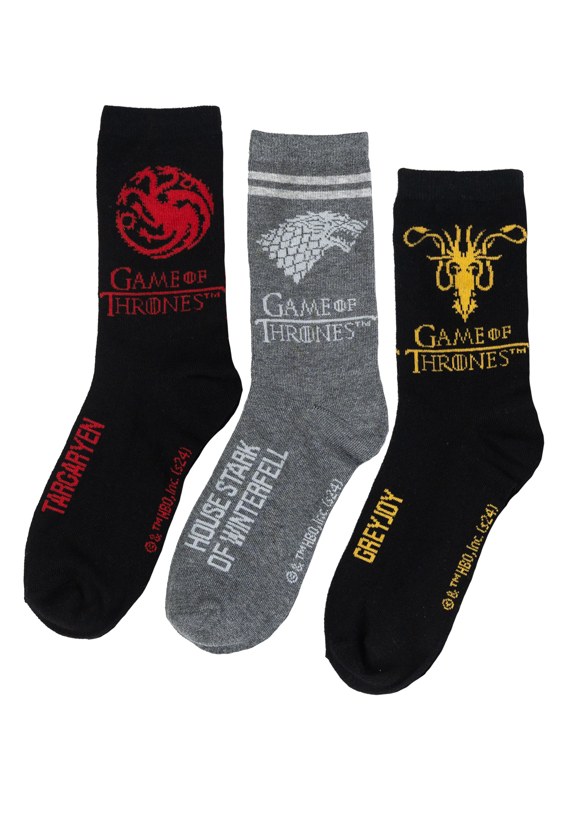 Socken mit Game of Thrones-Logos. Enthält die Wappen von Targaryen, Stark und Greyjoy.
