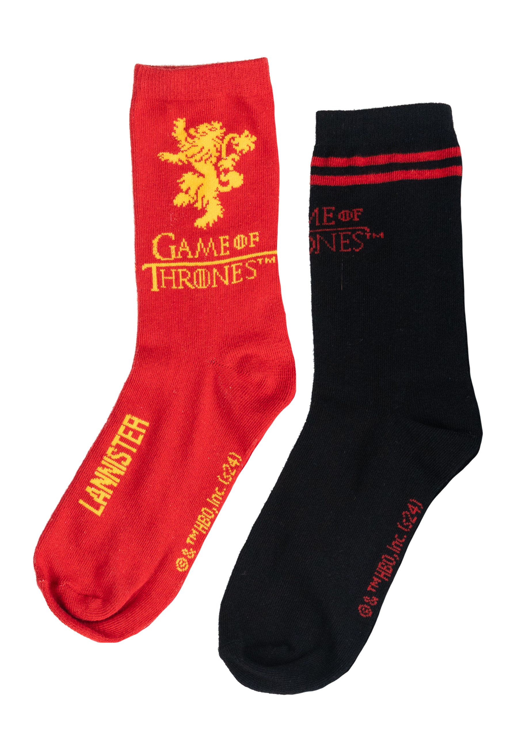 Zwei Paar Game of Thrones Socken, rot und schwarz, mit Logos und Text.