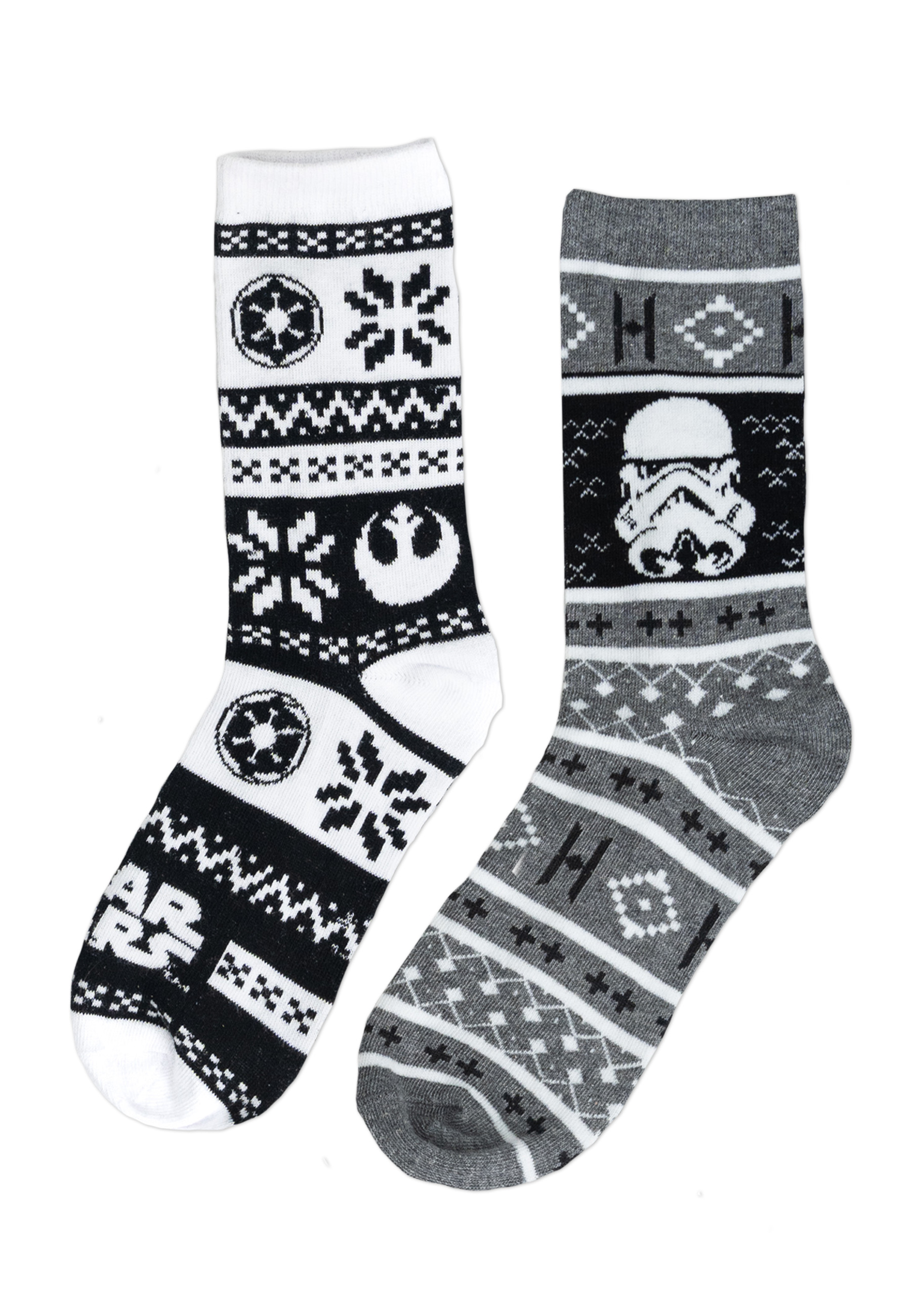 Zwei Star Wars Socken mit Logos und Mustern, eine schwarz/weiß, die andere grau/weiß.