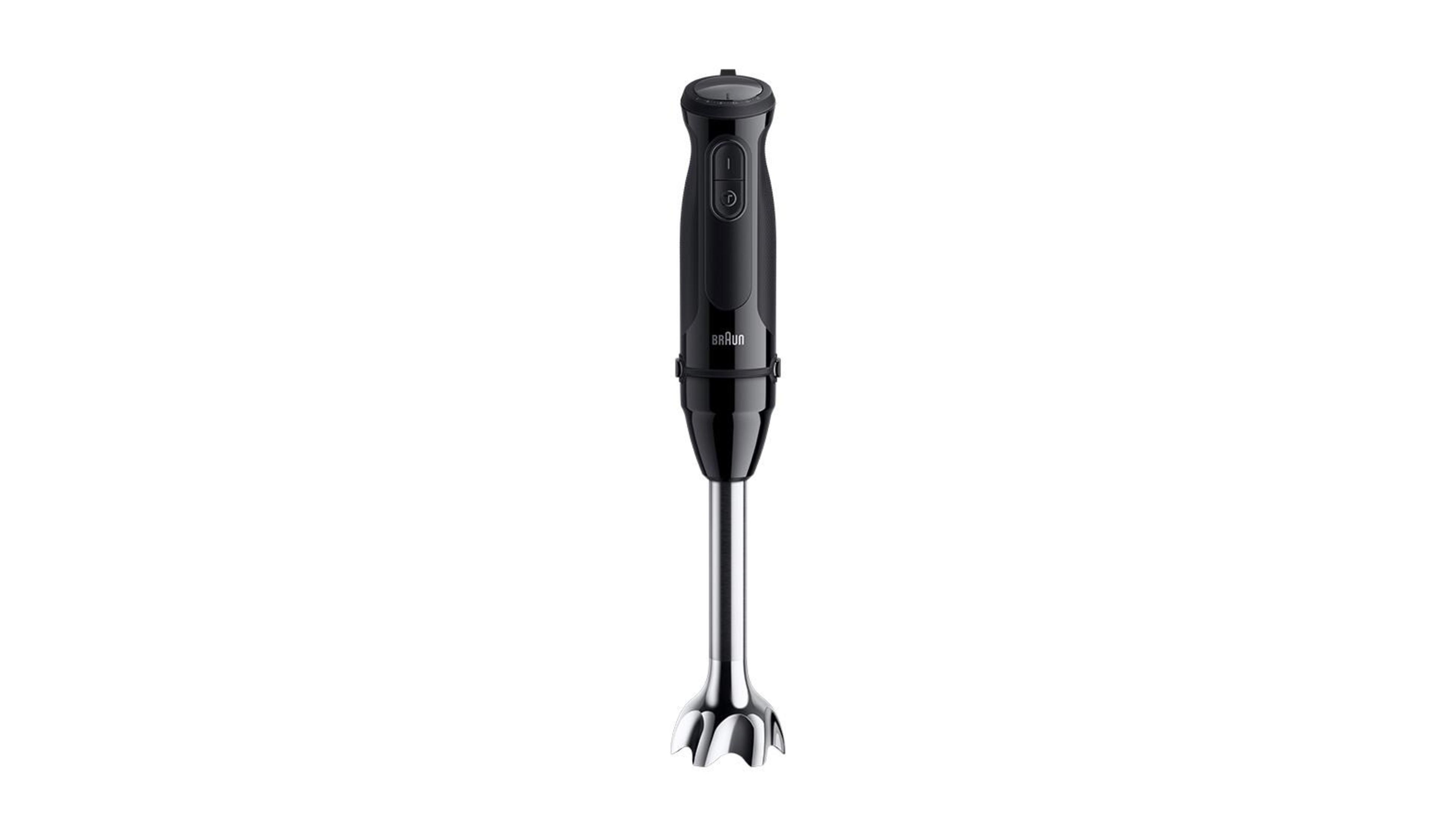 Czarny blender ręczny z głowicą mieszającą ze stali nierdzewnej. Tło jest białe.