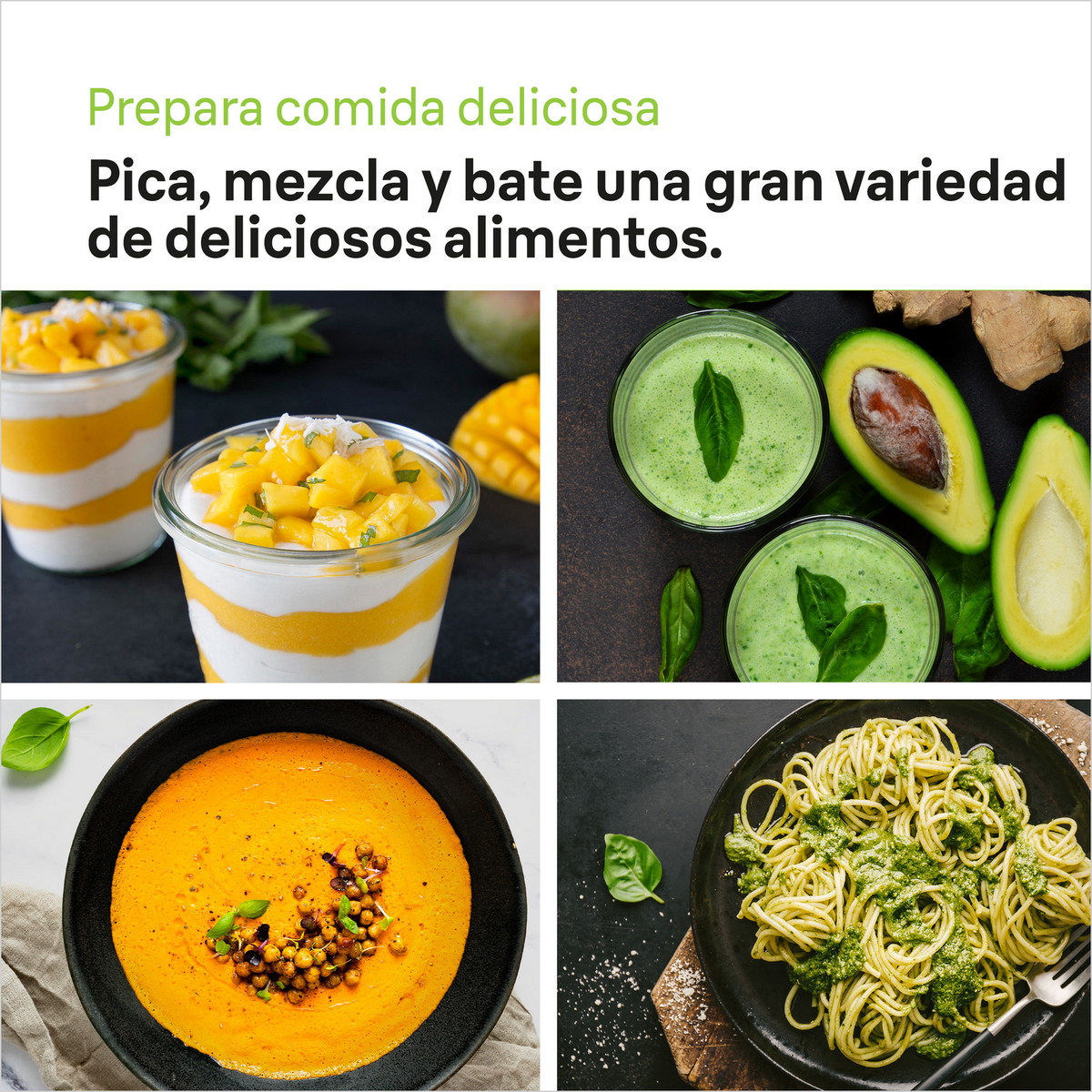 Cztery dania: jogurt z mango, zielone smoothie, zupa pomarańczowa i makaron pesto, na białym tle.