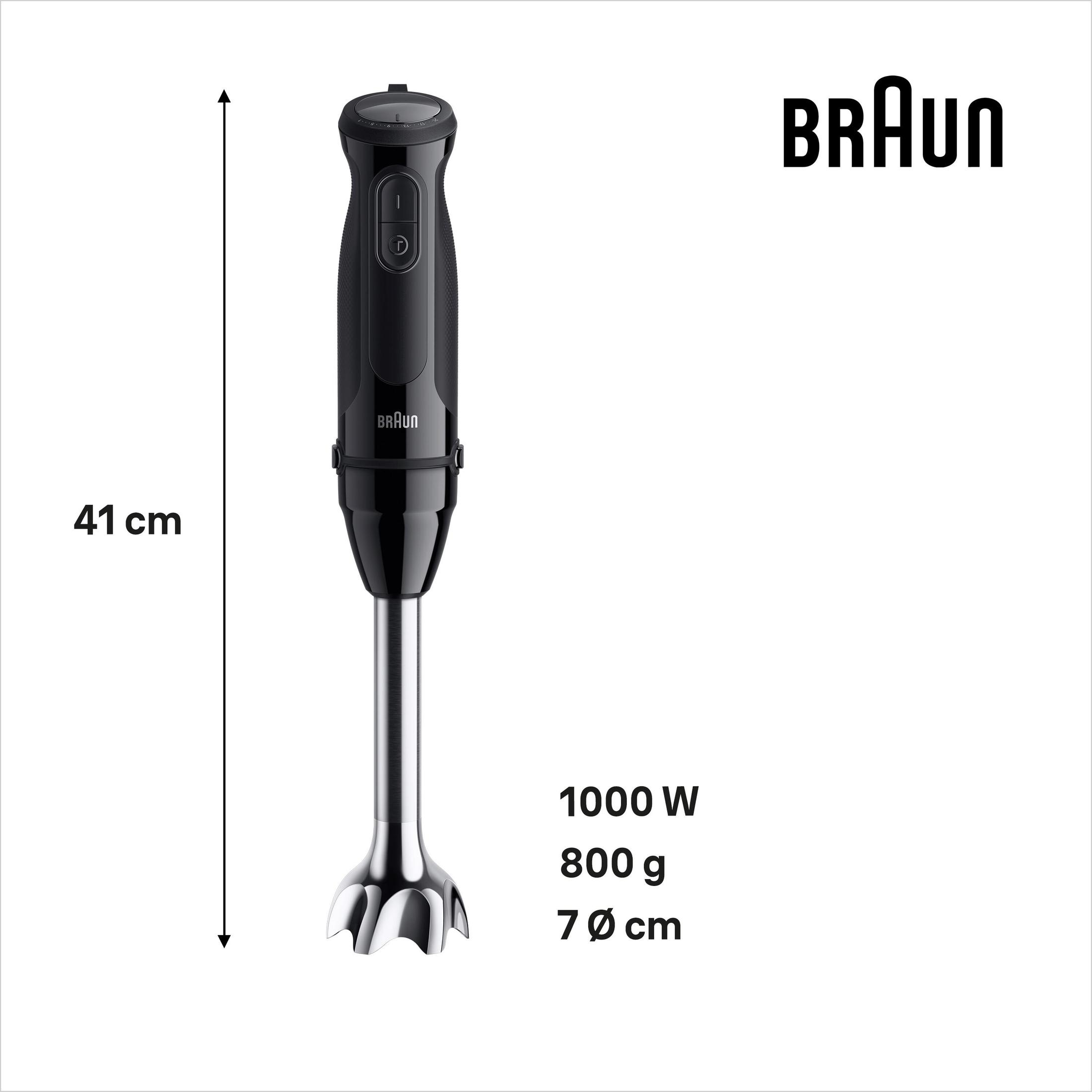 Frullatore a immersione Braun nero. Testina argentata, manico nero. Sfondo bianco. Misure e marchio.