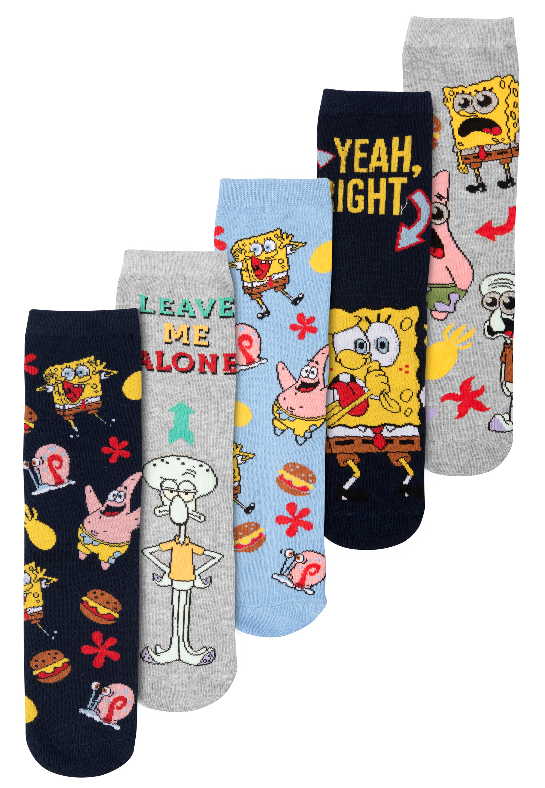 Sechs bunte SpongeBob-Socken, jede mit verschiedenen Charakteren und Sprüchen.