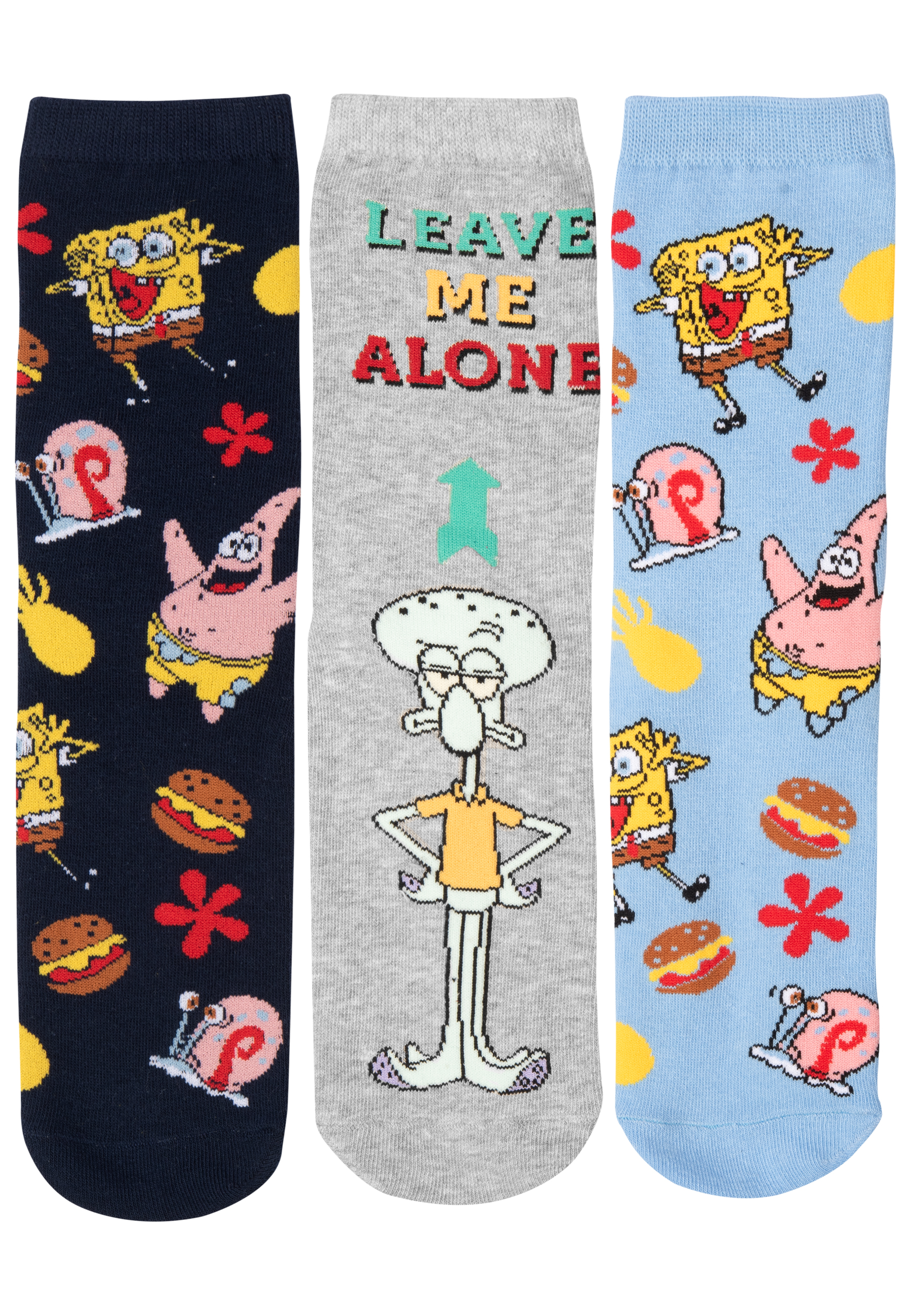 Drei Socken mit SpongeBob und Charakteren. Einer sagt "LEAVE ME ALONE". Alle sind bunt.