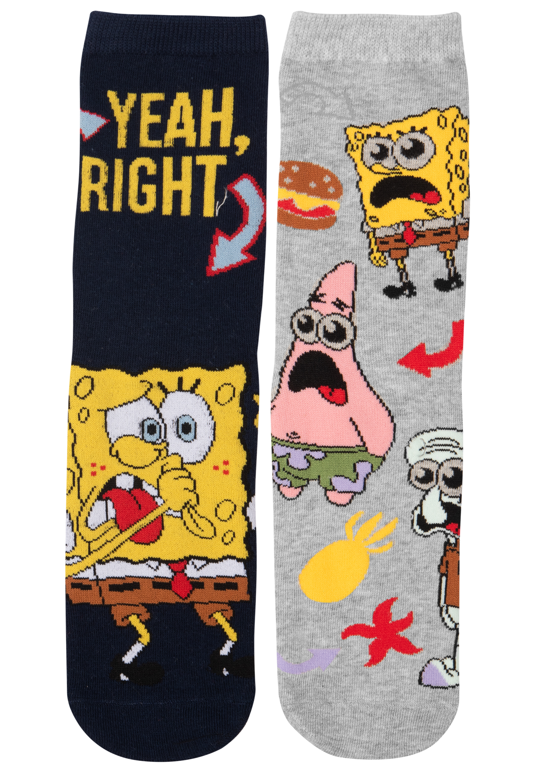 Zwei Paar SpongeBob-Socken mit SpongeBob und Freunden, in Blau und Grau, auf weißem Hintergrund.