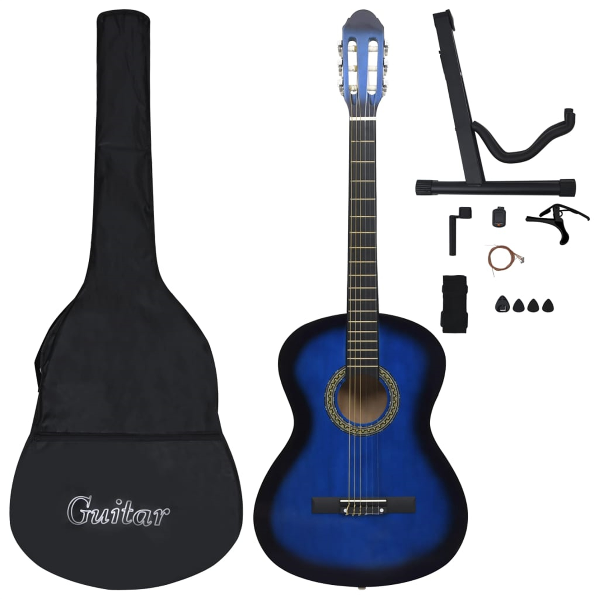 Blaue Akustikgitarre mit schwarzem Koffer und Zubehör. Gitarrenständer und Plektren sind ebenfalls enthalten.