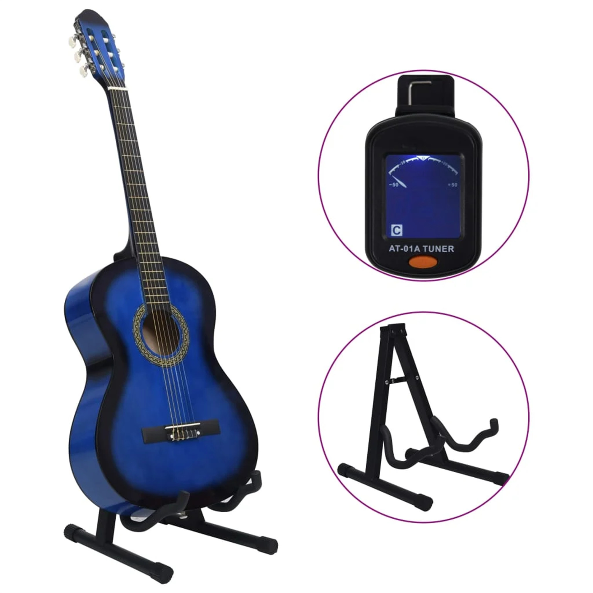 Blaue Akustikgitarre auf einem Ständer. Ein Stimmgerät und ein Gitarrenständer sind rechts oben und unten abgebildet.