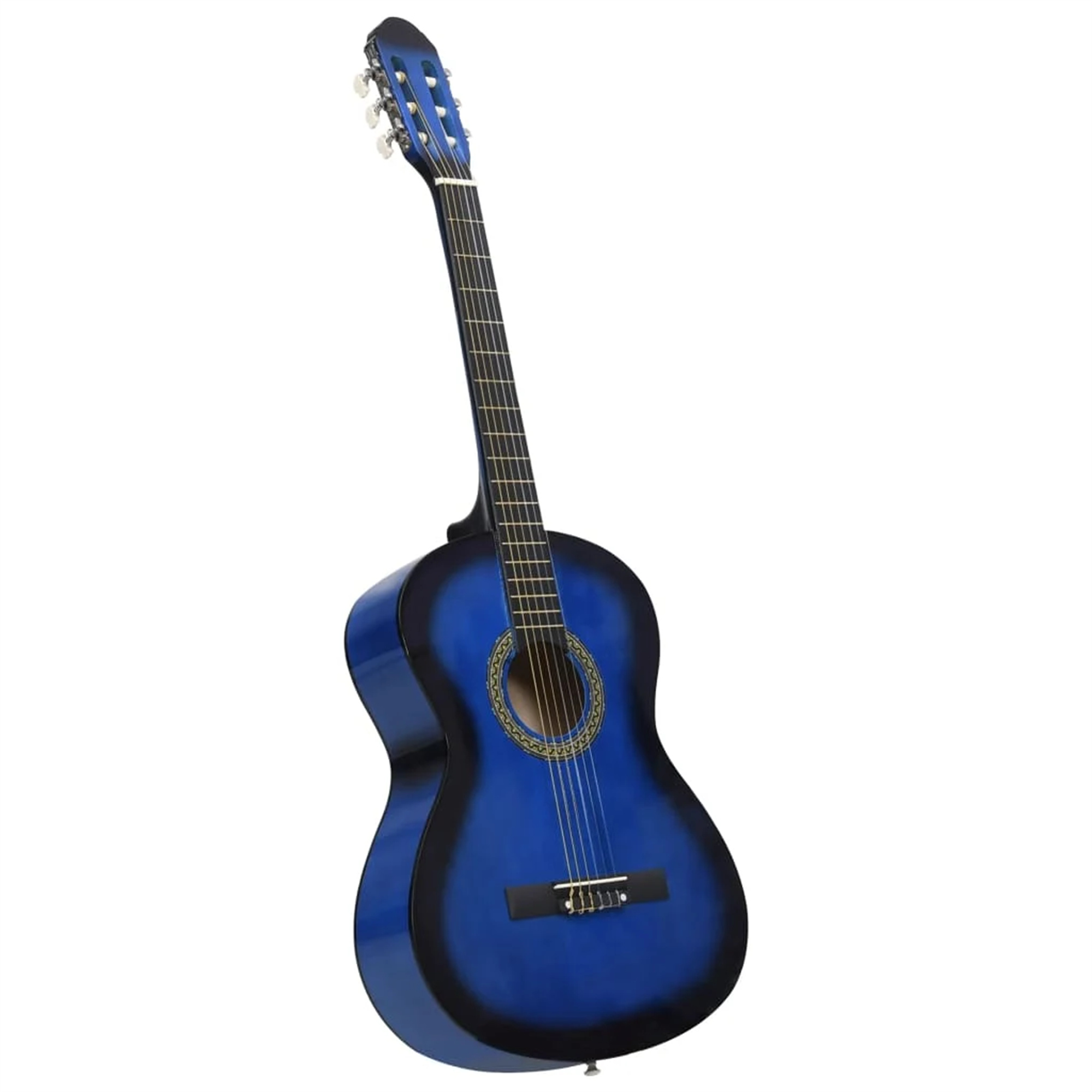 Eine blaue Akustikgitarre. Sie ist auf den Betrachter ausgerichtet und auf weißem Hintergrund.