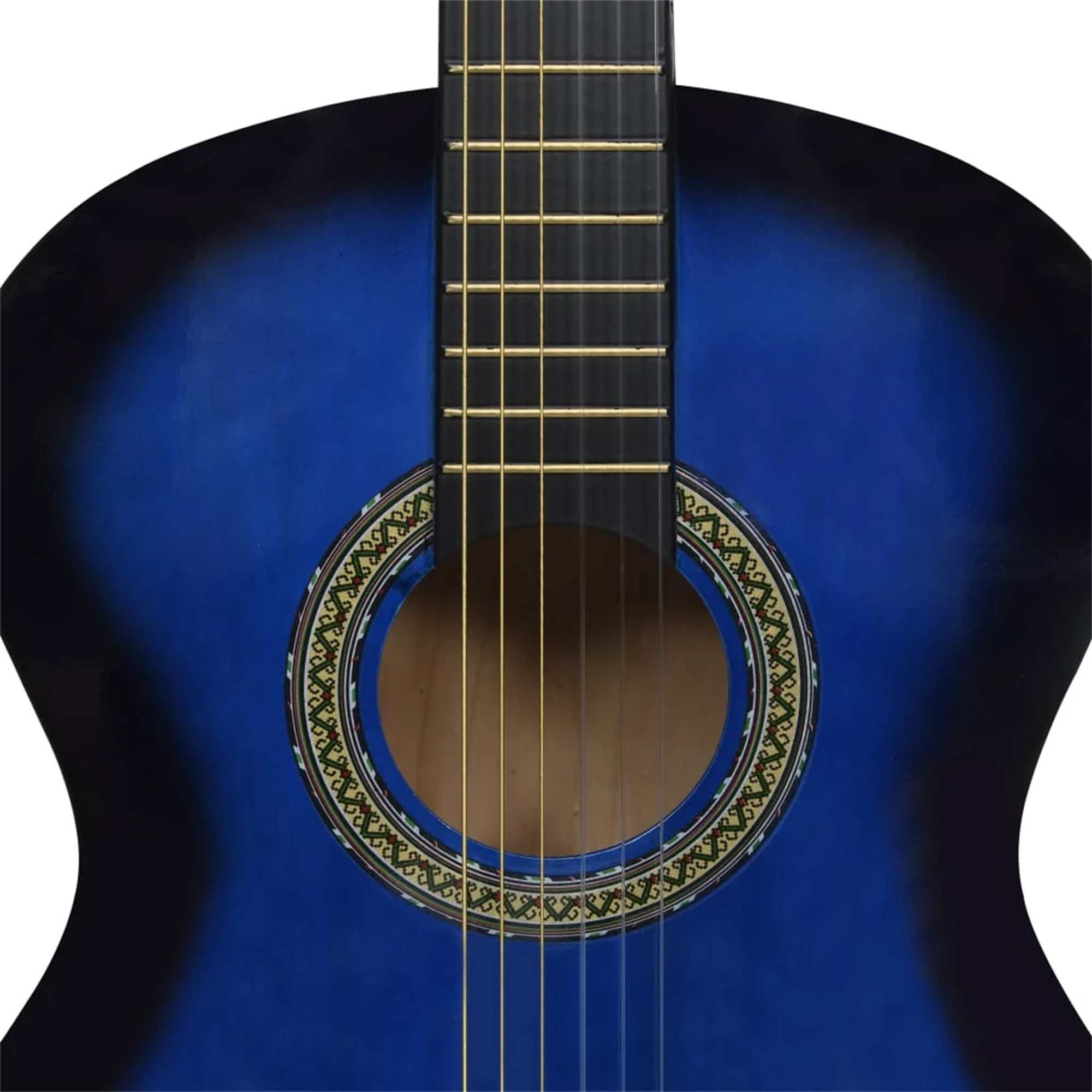 Akustikgitarre. Sie ist blau und schwarz mit einem kreisförmigen Schallloch und Saiten.