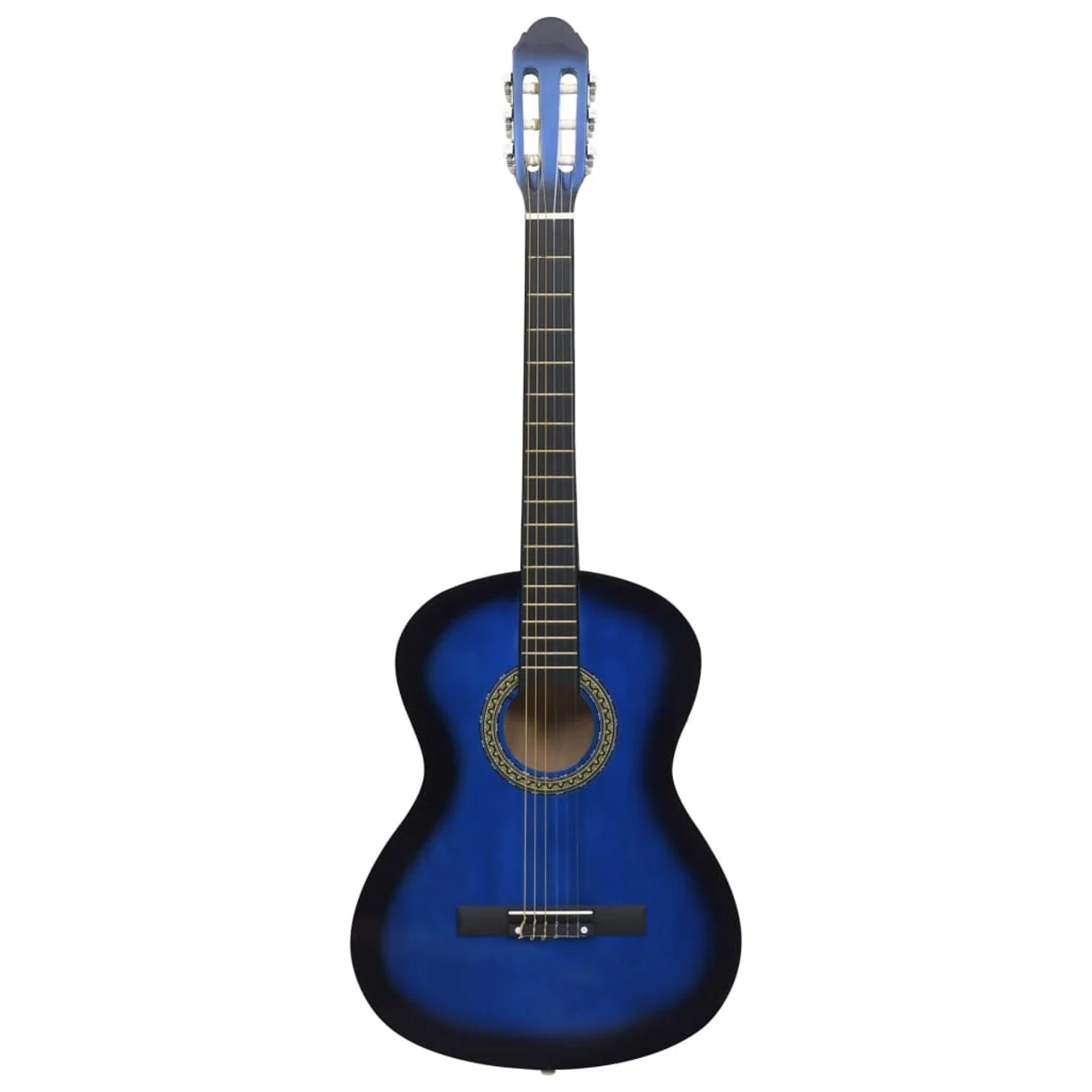 Blaue und schwarze Akustikgitarre. Vorderansicht, mit Saiten und Schallloch.