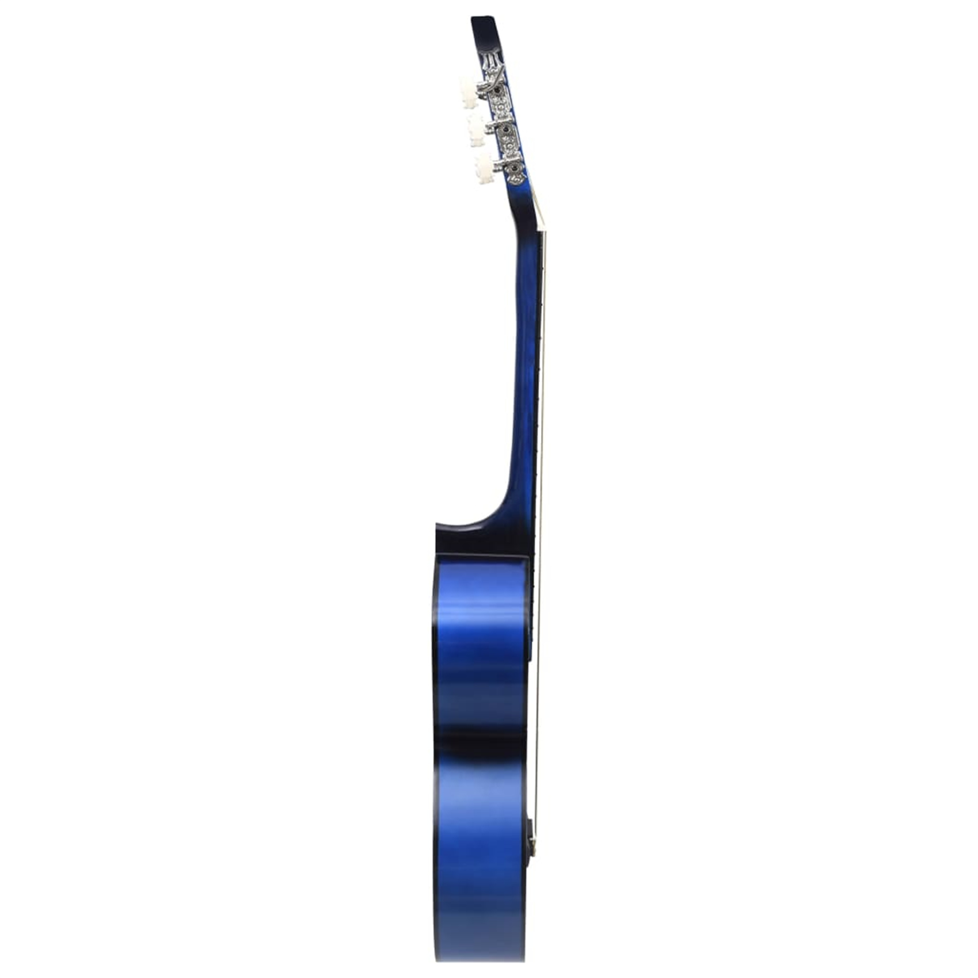 Eine blaue Gitarre, von der Seite betrachtet, hat Saiten, einen Hals und einen Korpus.