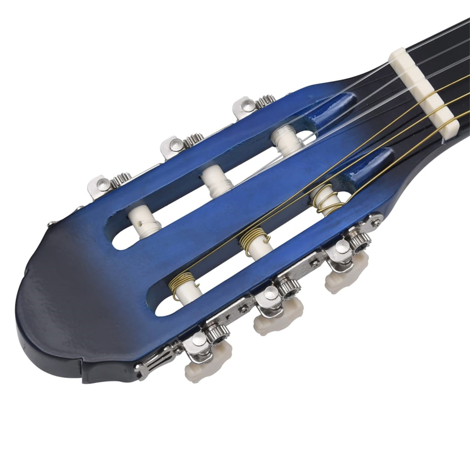 Gitarrenkopfplatte. Blauer Kopf mit weißen Stimmwirbeln und schwarzen Saiten.