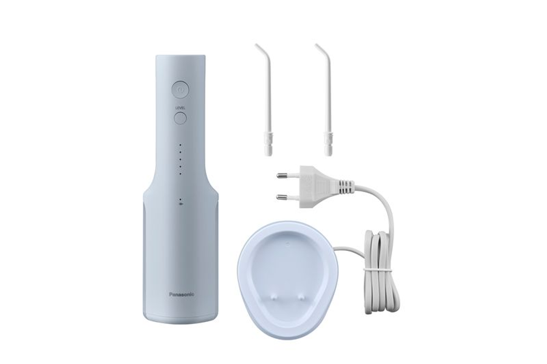 Un hydropulseur blanc avec accessoires: deux embouts, une base de chargement et un cordon d'alimentation.
