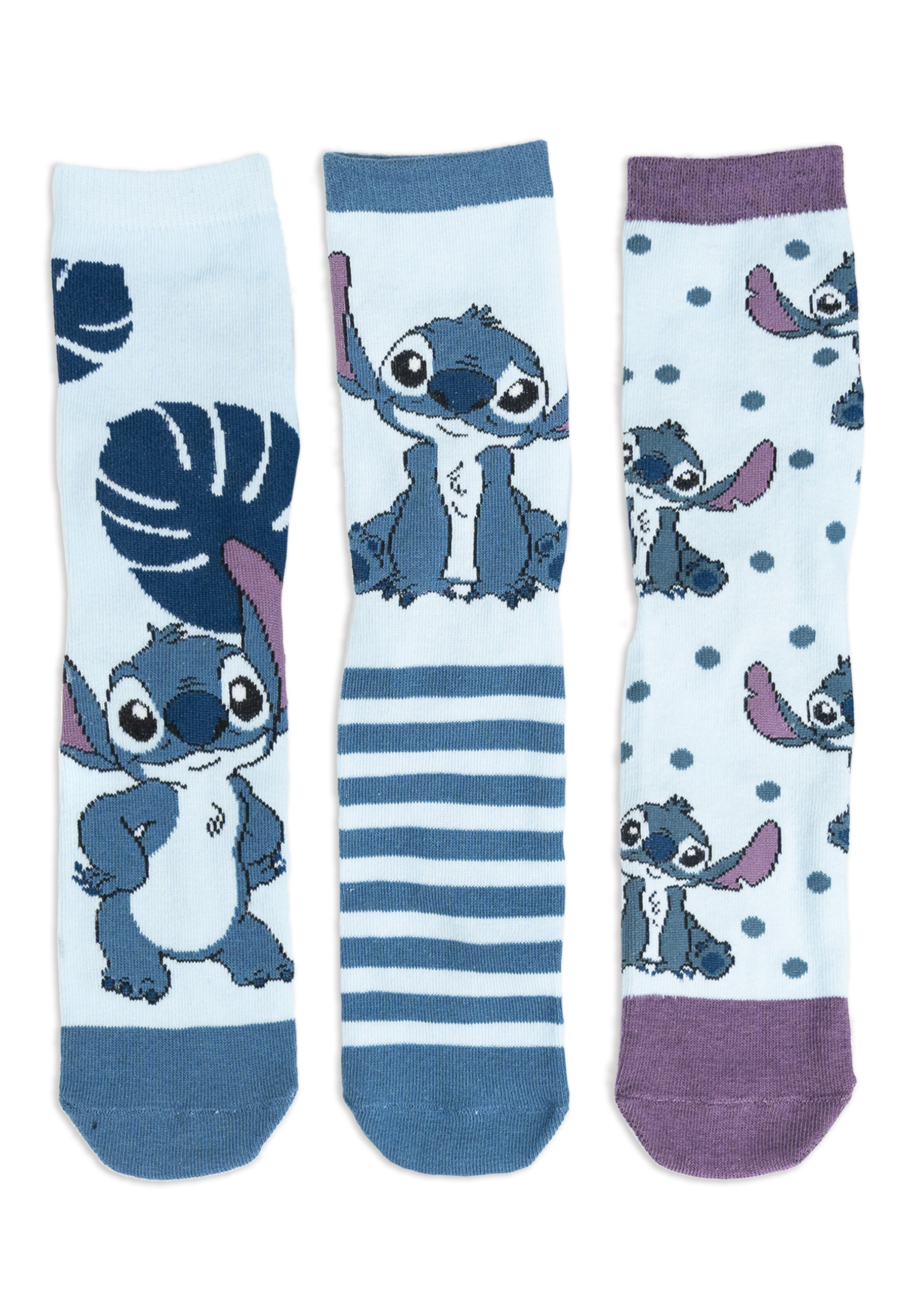 Drei Paar blaue Stitch-Socken mit verschiedenen Mustern. Ein Paar hat Stitch und Blätter.