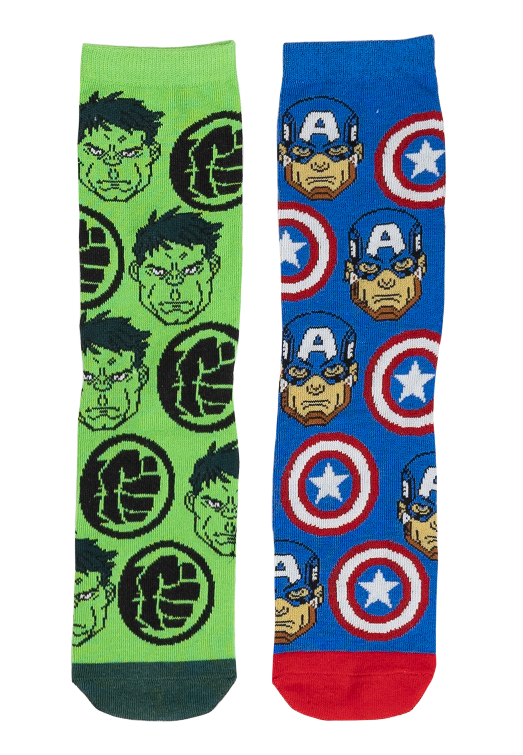 Zwei Marvel-Socken, Hulk und Captain America. Grüne und blaue Hintergründe.