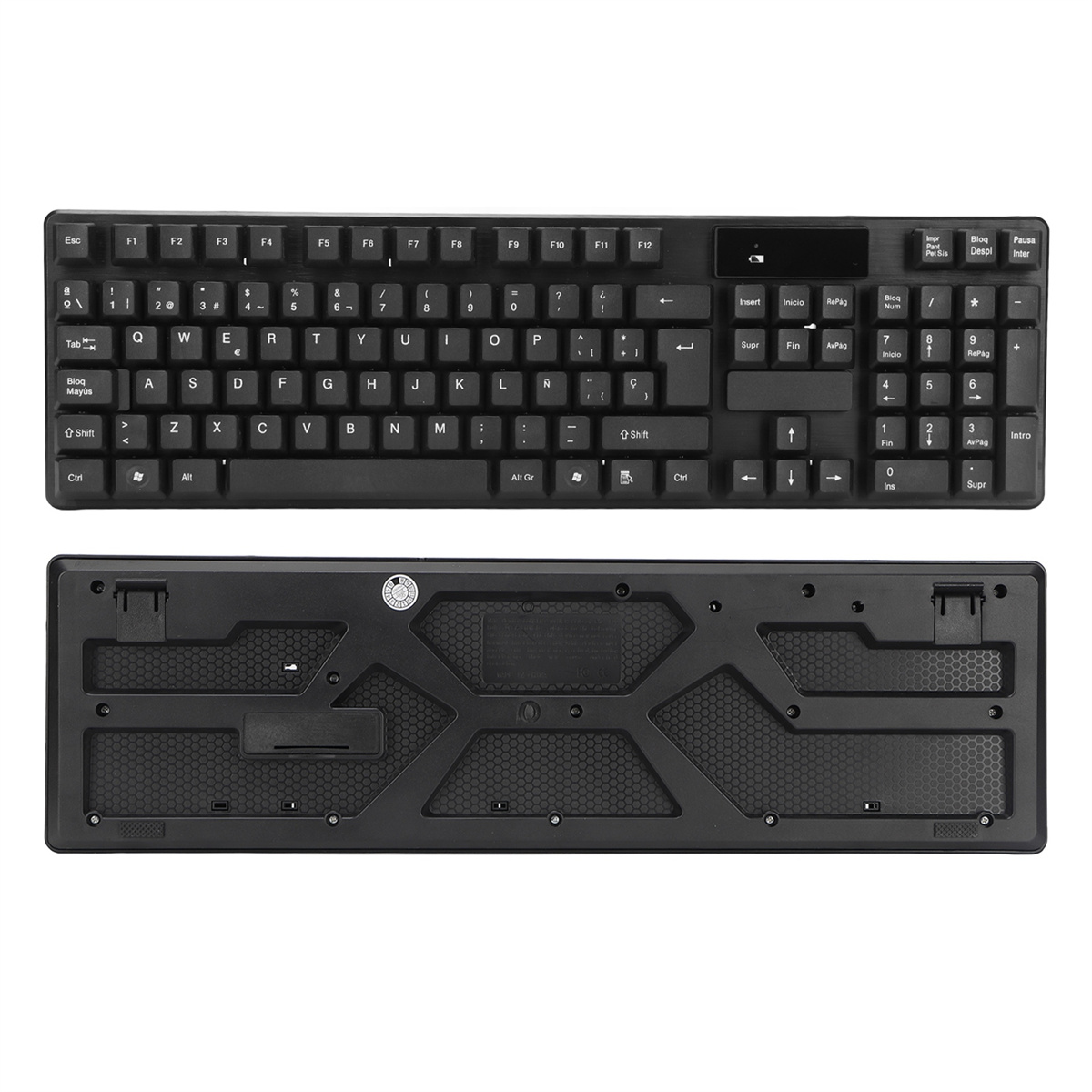 Schwarze Tastatur, Ansichten von oben und unten. Tasten sind schwarz mit weißer Beschriftung.