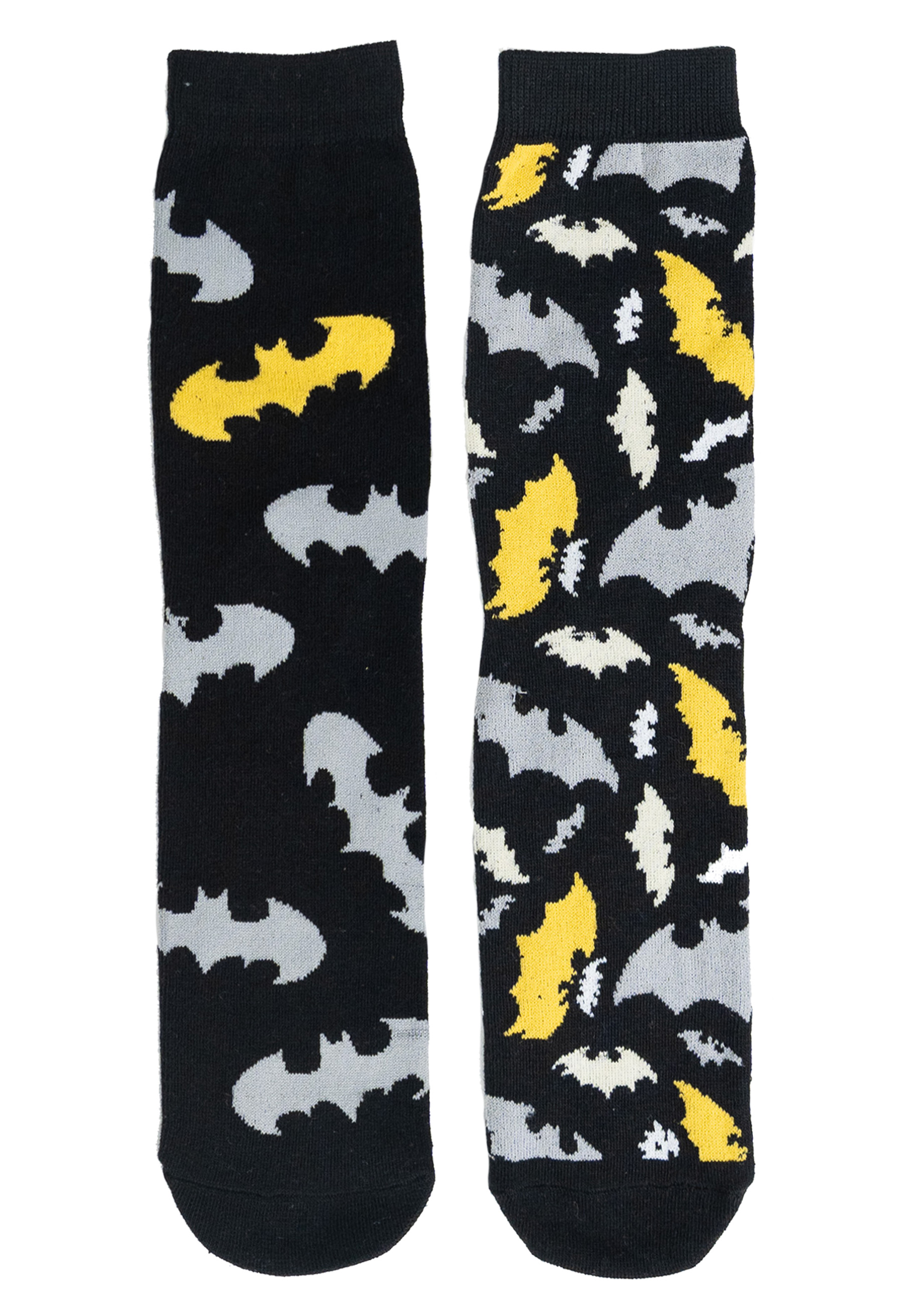 Paar schwarze Batman-Socken mit gelben, grauen und weißen Fledermaussymbolen.