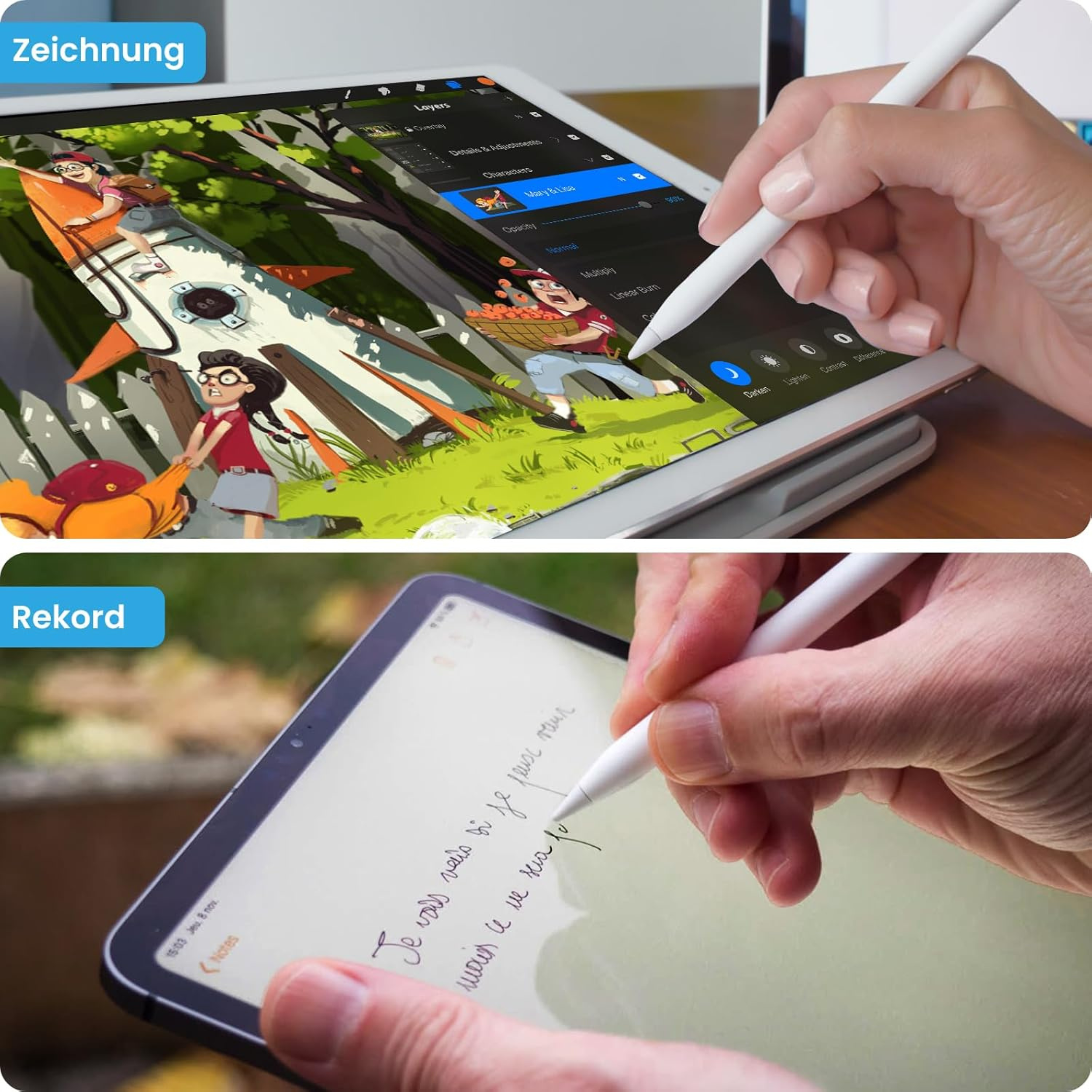 Zwei Bilder, die zeigen, wie ein Künstler ein Tablet mit einem Stift zum Zeichnen und Schreiben benutzt.