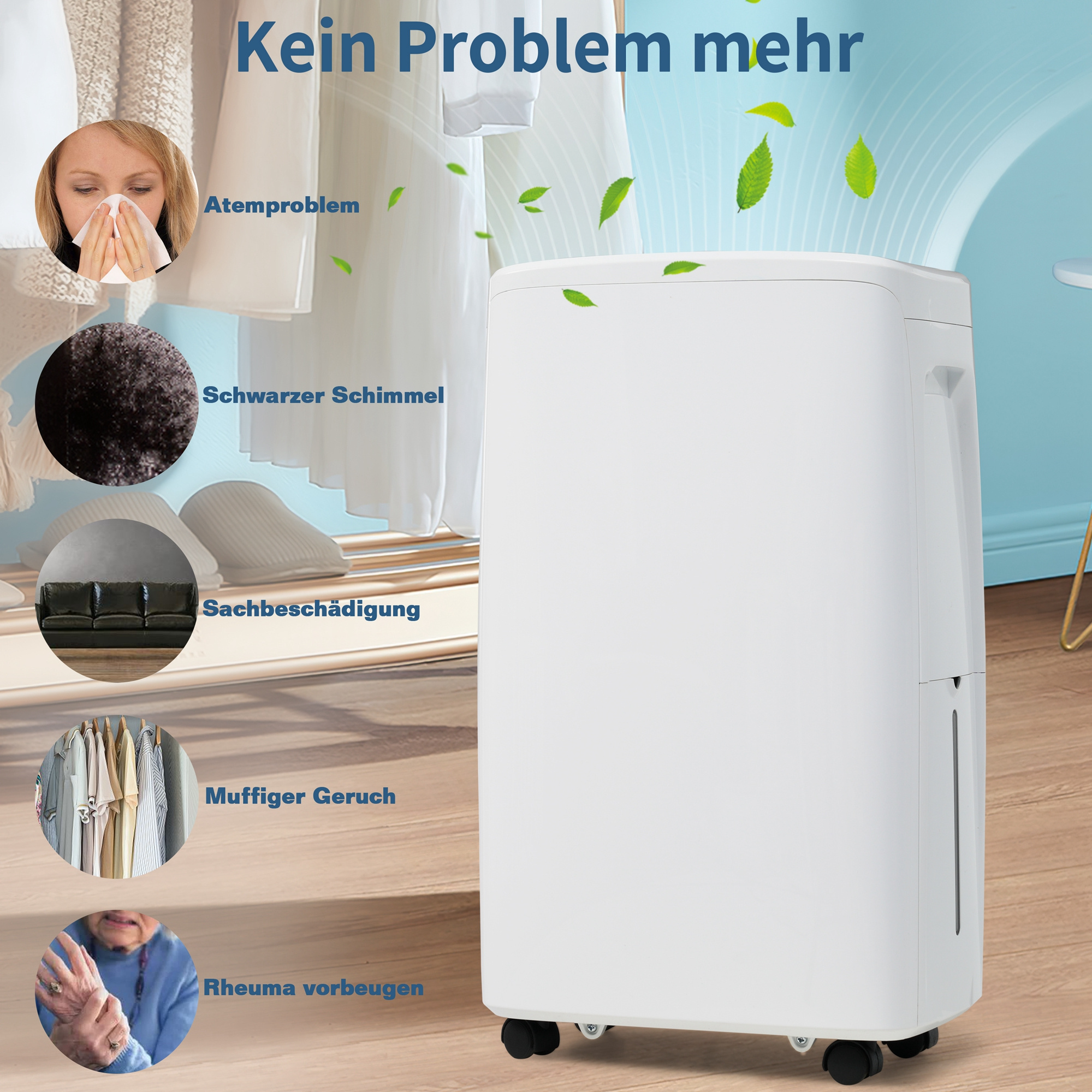 Weißer Luftentfeuchter, mit Bildern von Gesundheitsproblemen. Text: Kein Problem mehr.