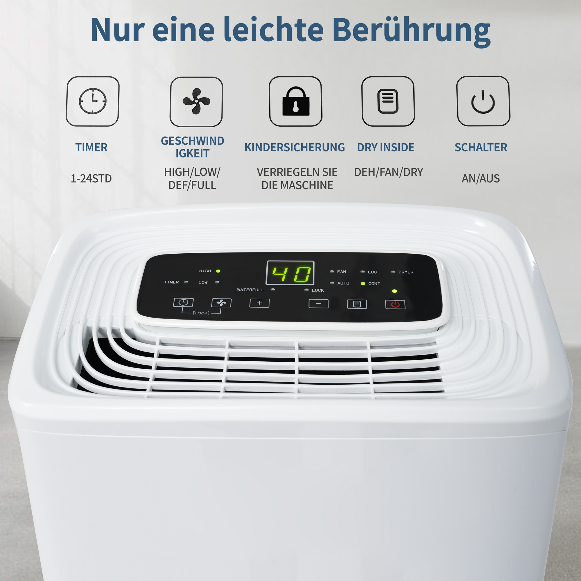 Ein weißer Luftentfeuchter mit digitaler Anzeige und Bedientasten. Text und Symbole sind sichtbar.