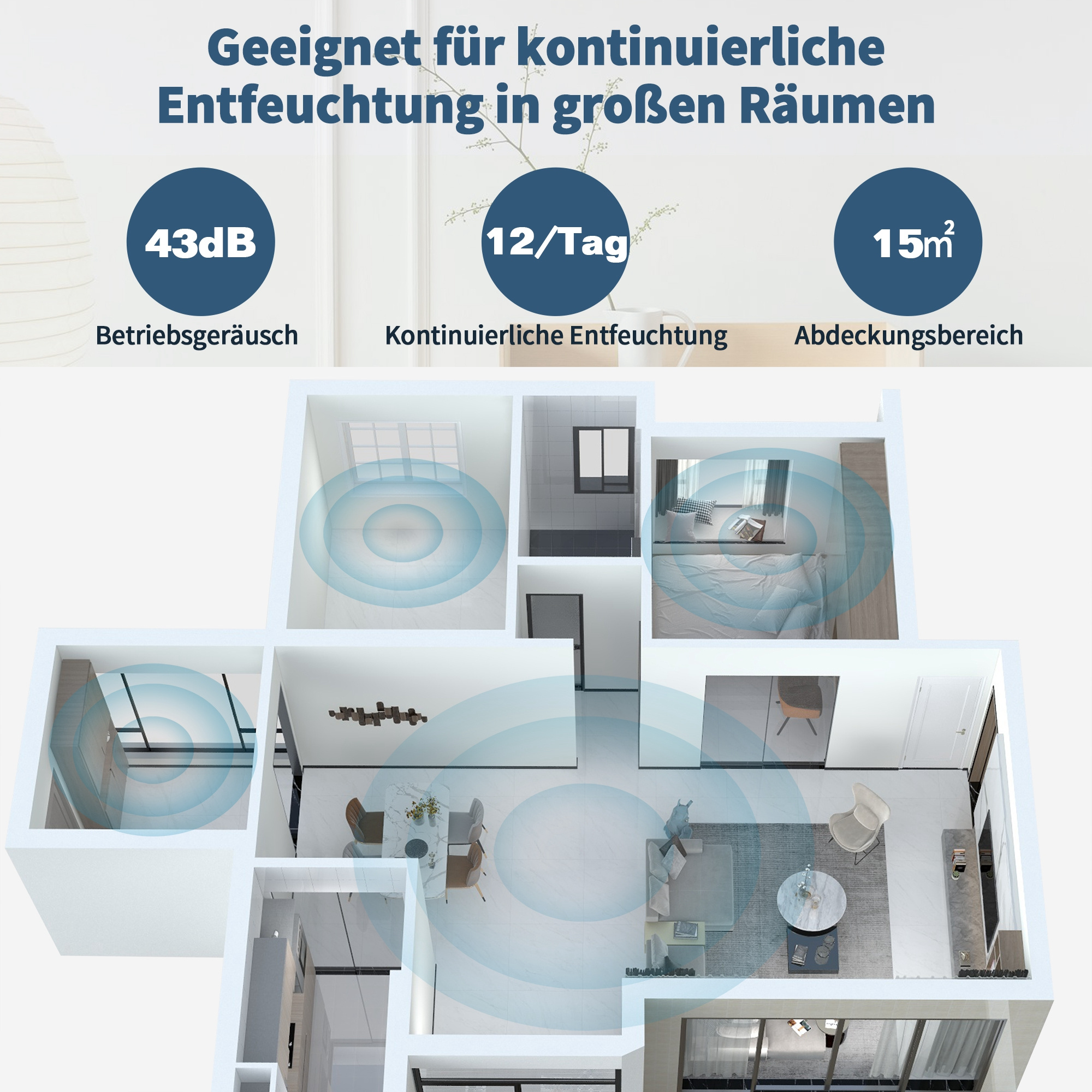 Raumaufteilung mit Text, der Schallpegel, Entfeuchtung und Deckungsbereich zeigt.
