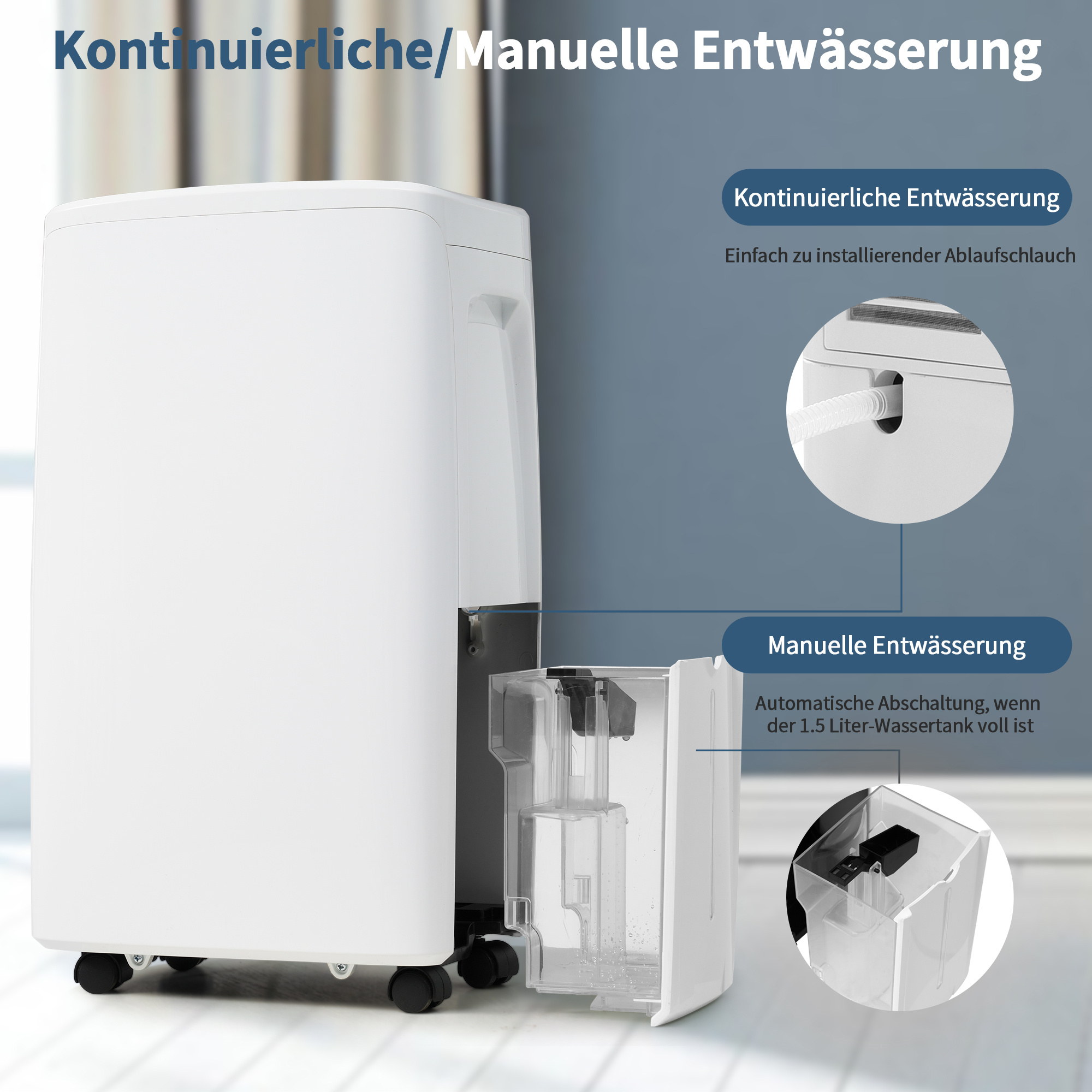 Weißer Luftentfeuchter, der kontinuierliche und manuelle Entwässerungsoptionen mit Nahaufnahmen zeigt.