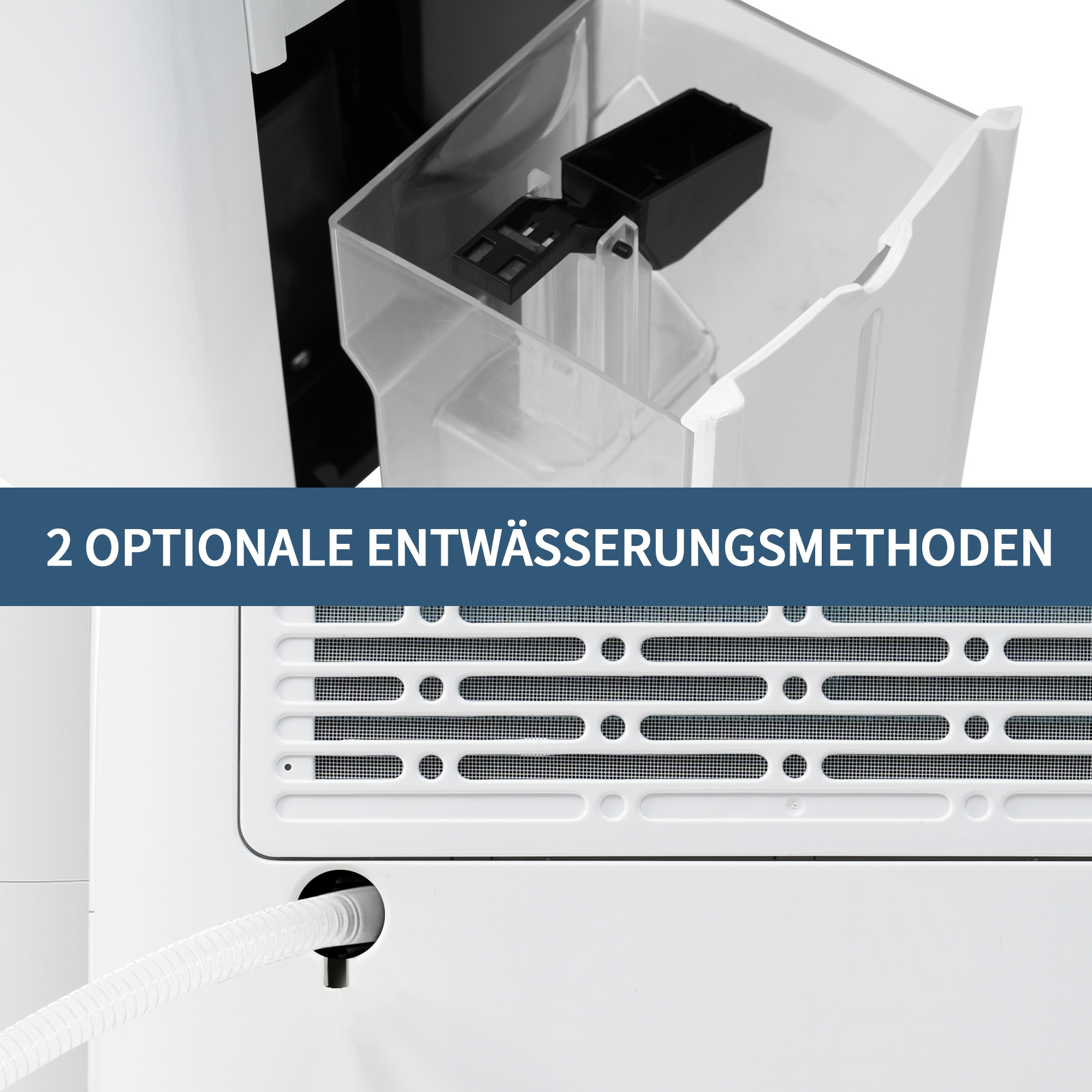 Weißer Luftentfeuchter mit transparentem Wassertank. Schlauch angeschlossen. Text: 2 optionale Entwässerungsmethoden.