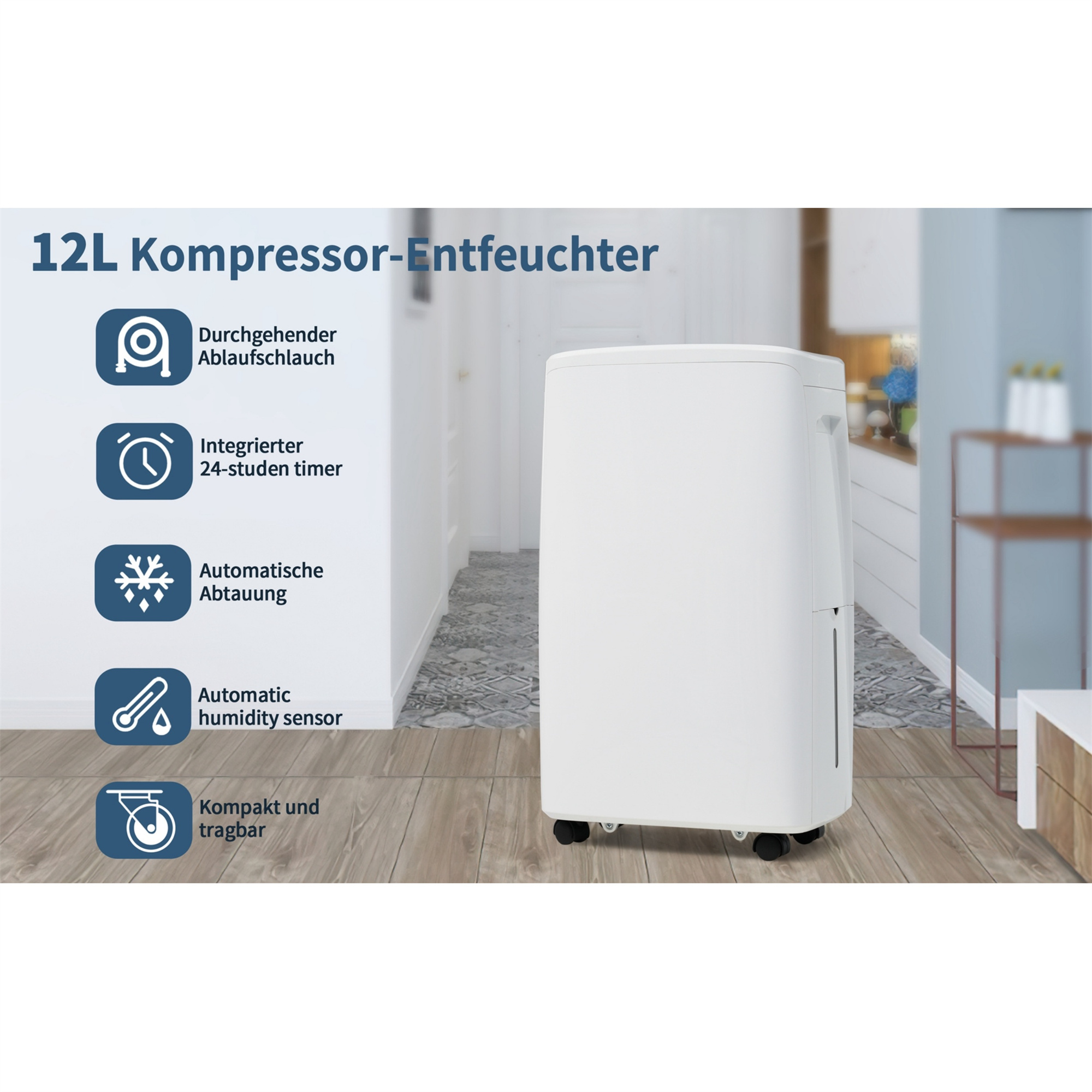 Weißer Luftentfeuchter mit Bedienfeld und Symbolen. Er hat einen kontinuierlichen Ablassschlauch. Ein Raum ist im Hintergrund.