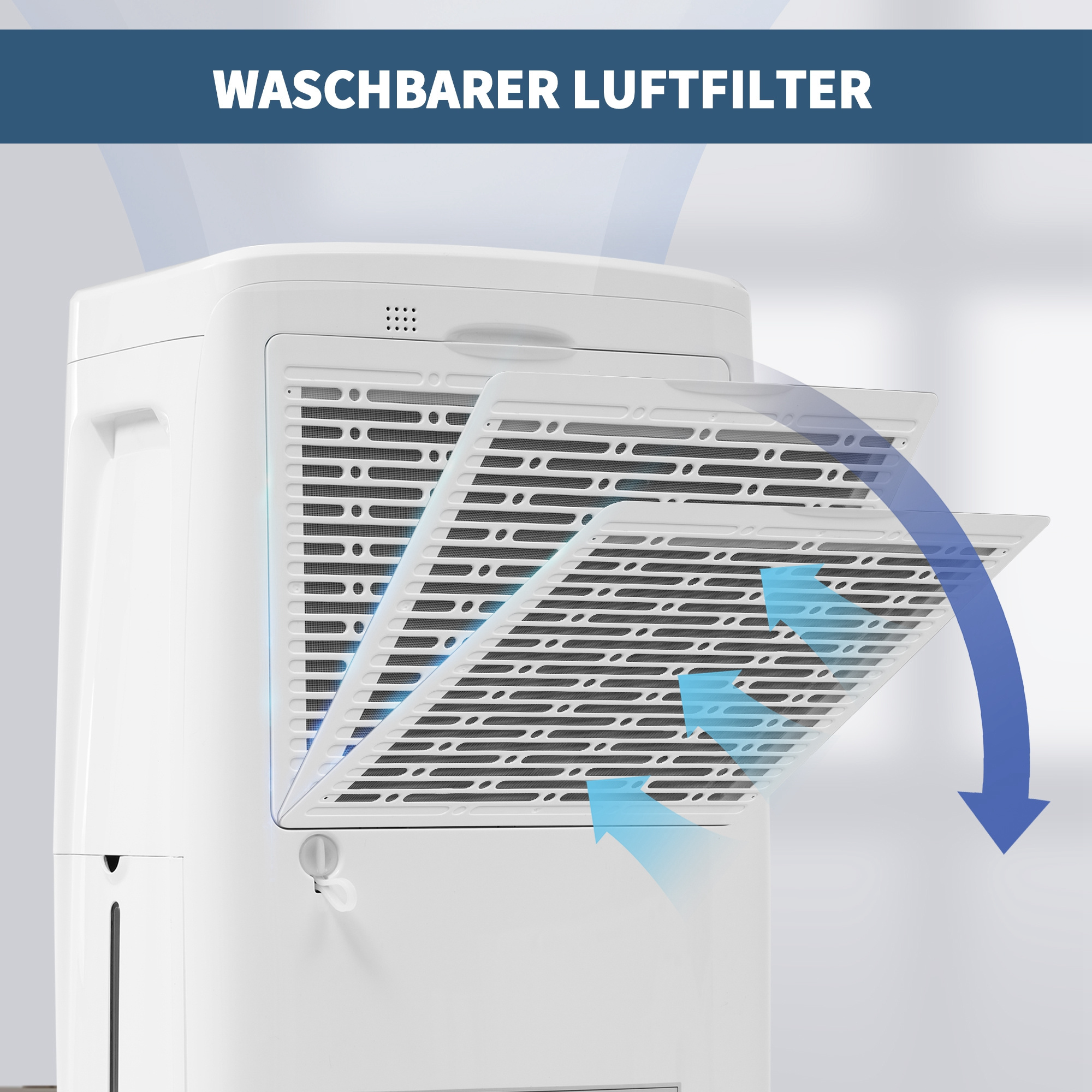 Ein Luftreiniger mit entnommenen Filtern, mit blauen Pfeilen.