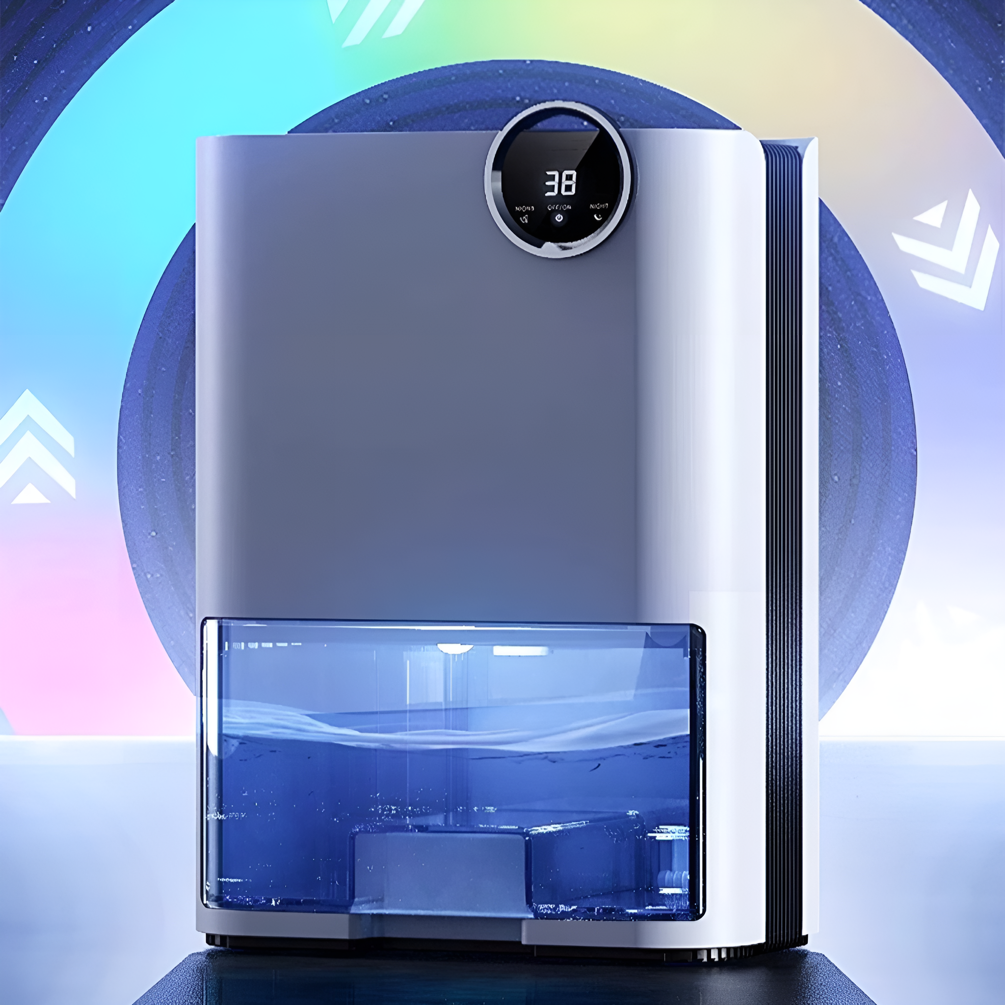 Weißer und grauer Luftreiniger mit Digitalanzeige mit 38. Der Wassertank ist sichtbar.