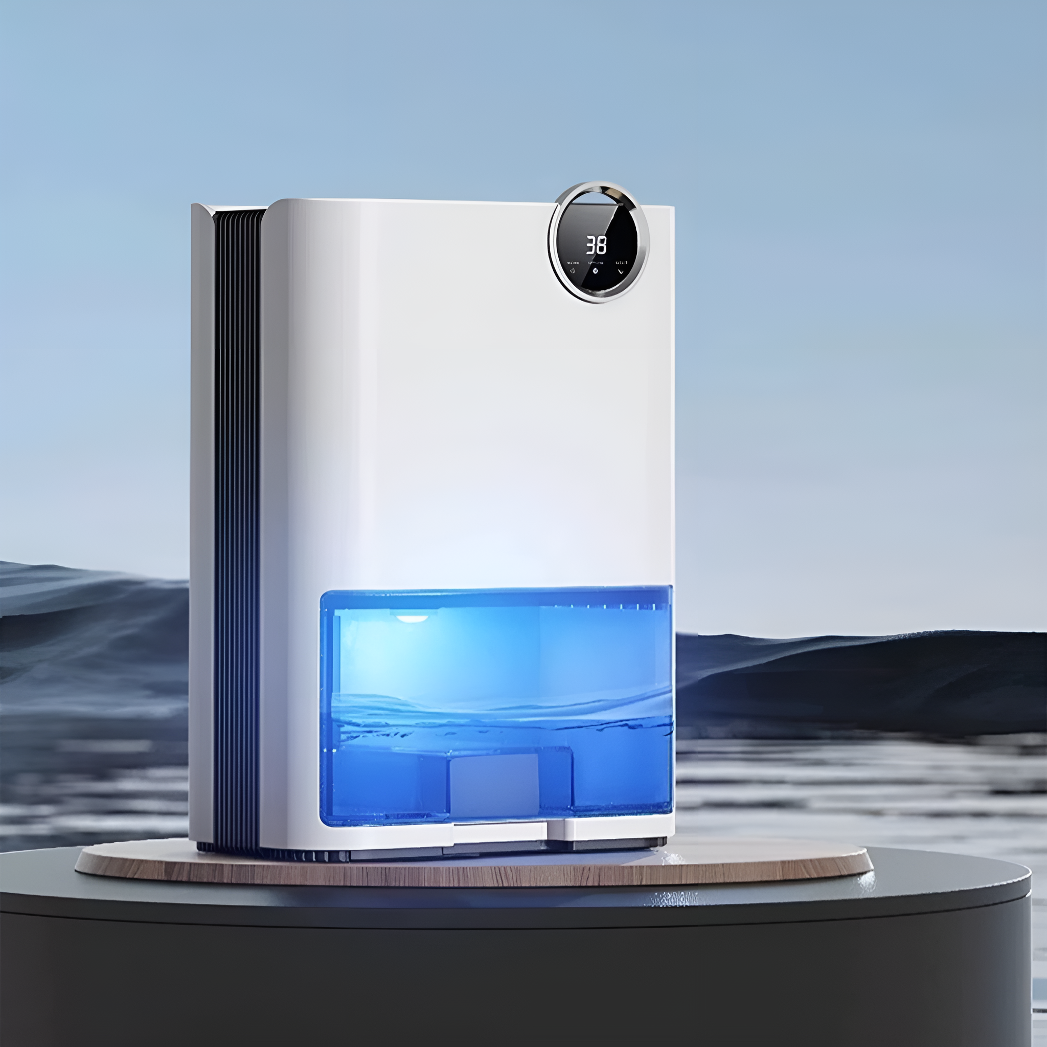 Weißer Luftentfeuchter mit blauem Wassertank, auf Holzständer.