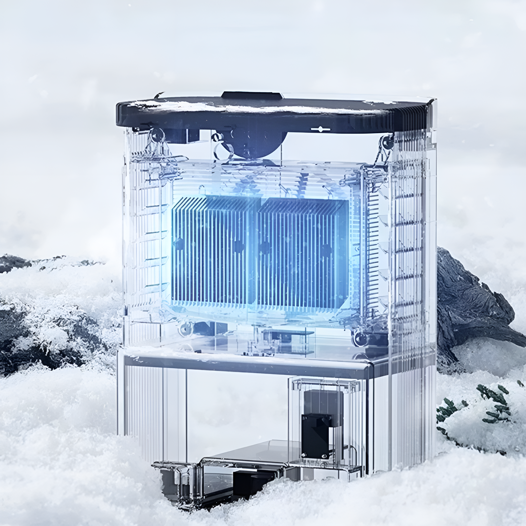 Computer-Kühlsystem in transparentem Gehäuse, umgeben von Schnee.