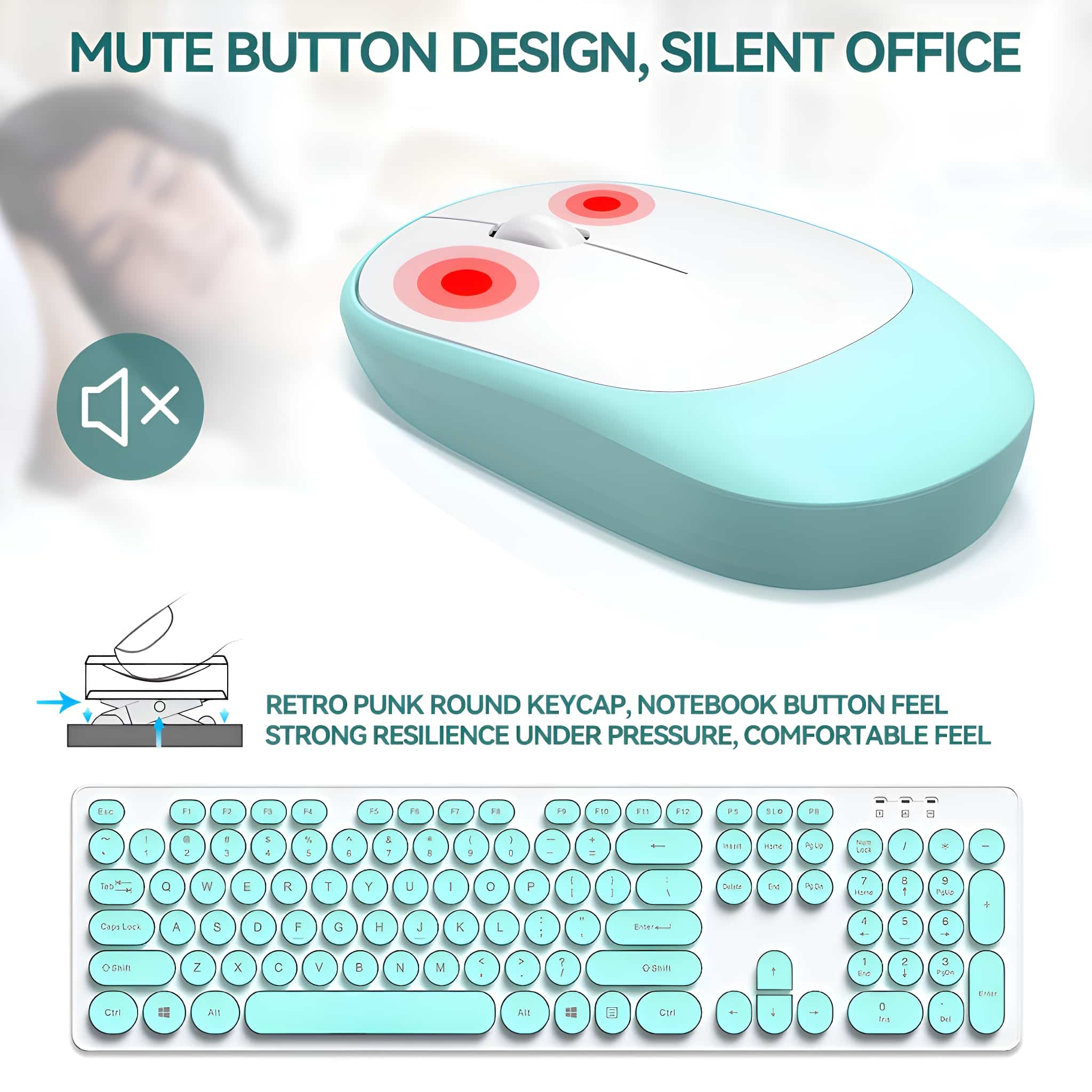 Blaue und weiße kabellose Maus und eine Tastatur. Stummschalttasten-Design.