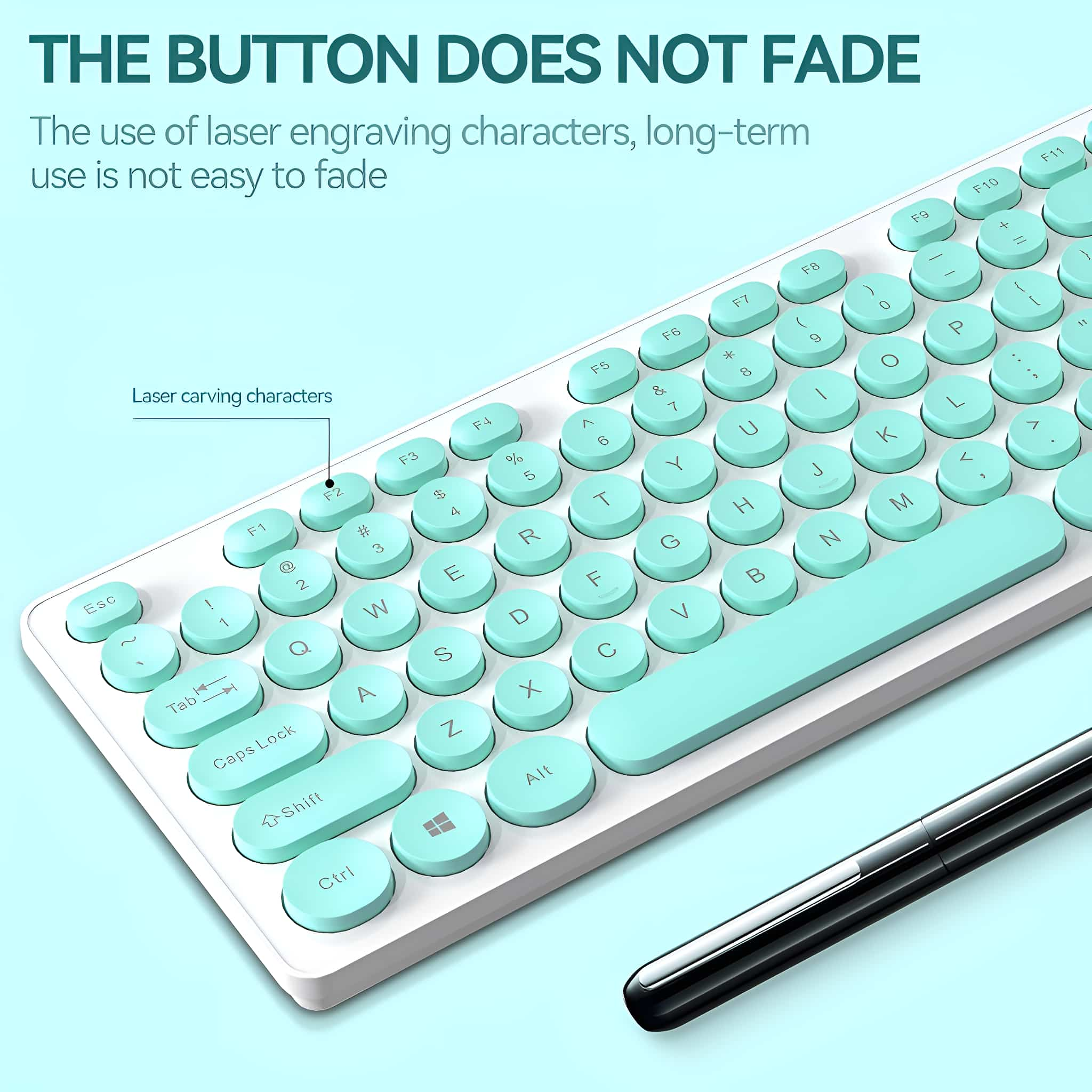 Weiße und türkisfarbene Tastatur mit runden Tasten, ein schwarzer Stift rechts.