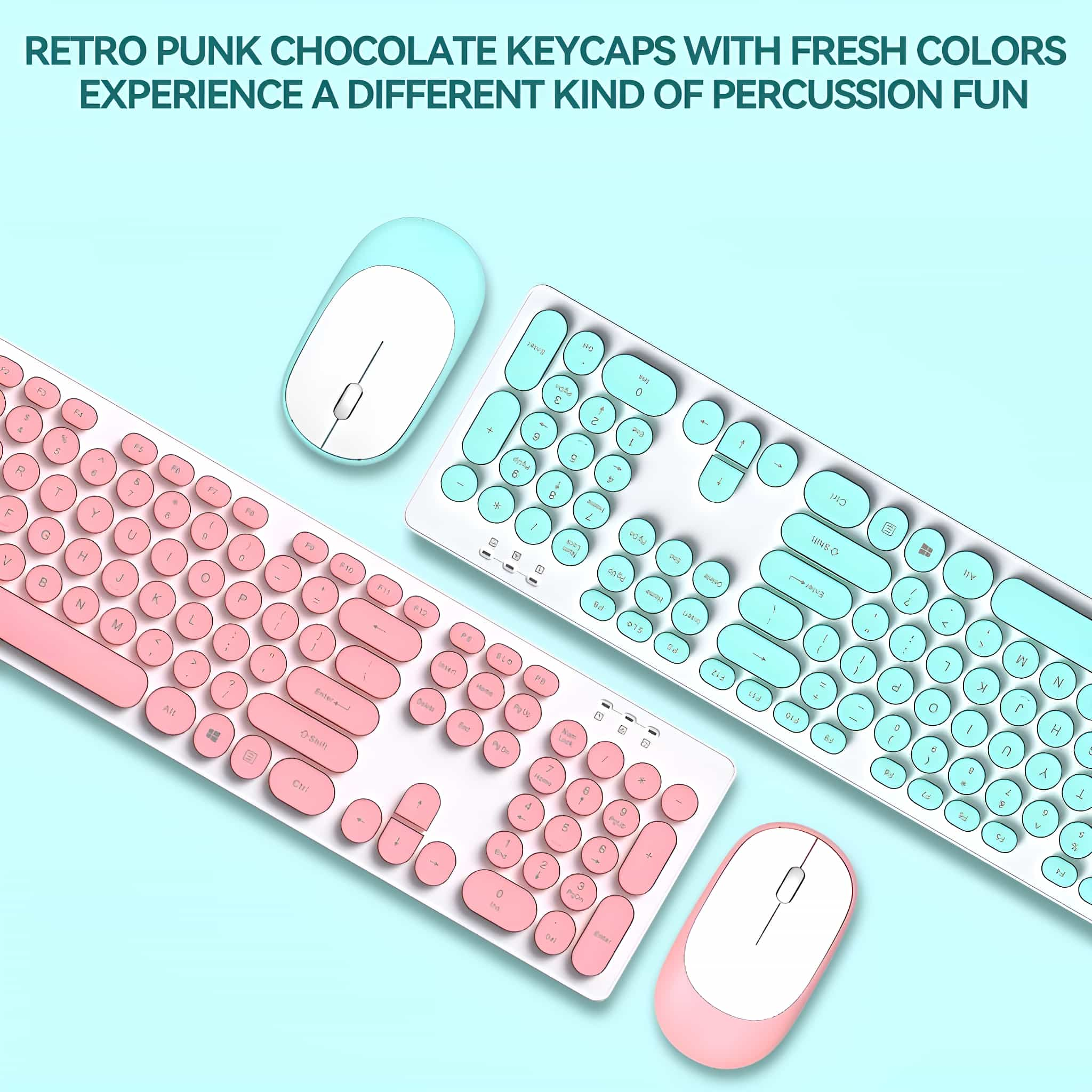 Tastaturen und Mäuse. Die Tastaturtasten sind rund. Sie sind rosa und blaugrün, mit passenden Mäusen.