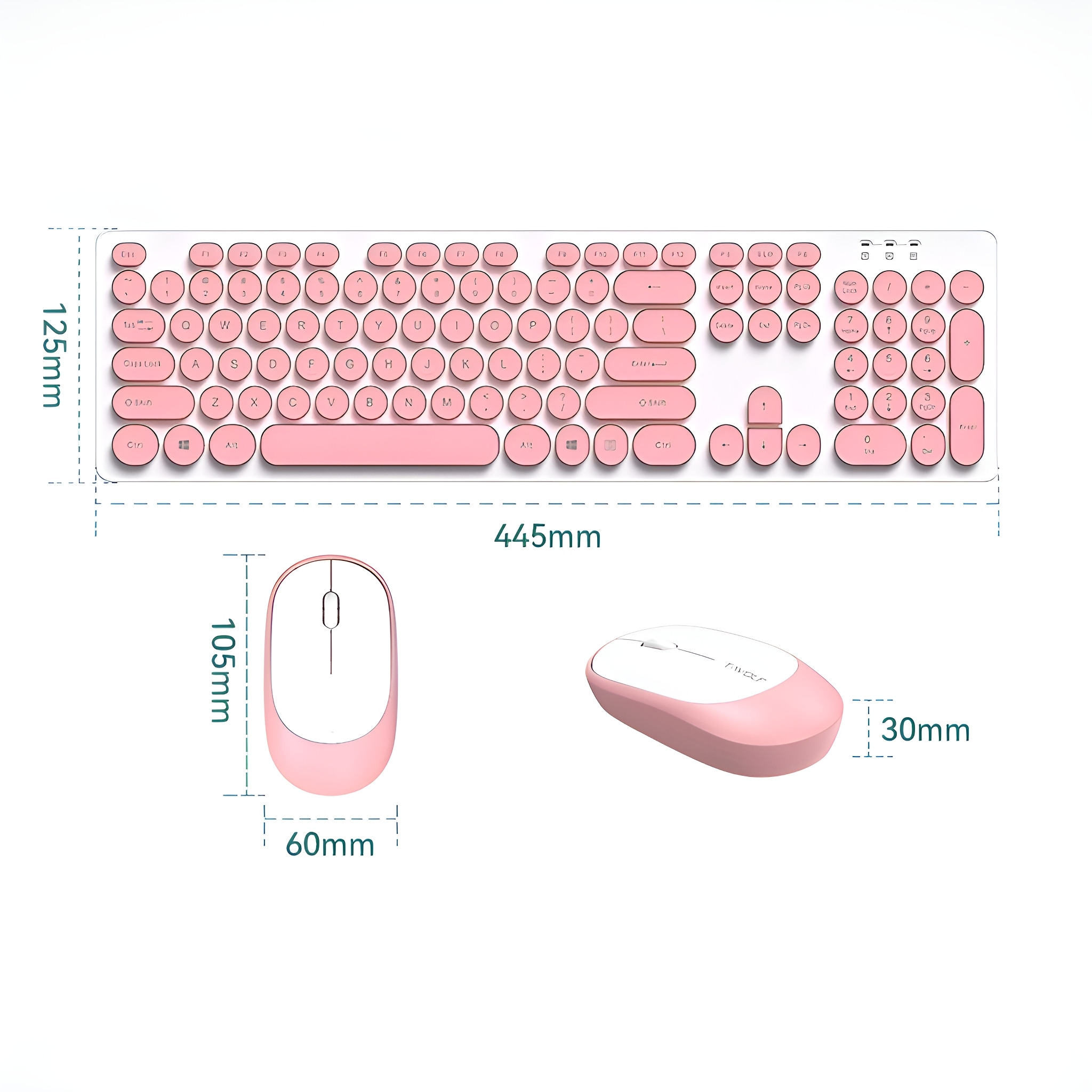 Ein rosa Tastatur- und Maus-Set. Die Tastatur ist rechteckig mit rosa Tasten. Die Maus ist weiß und rosa.