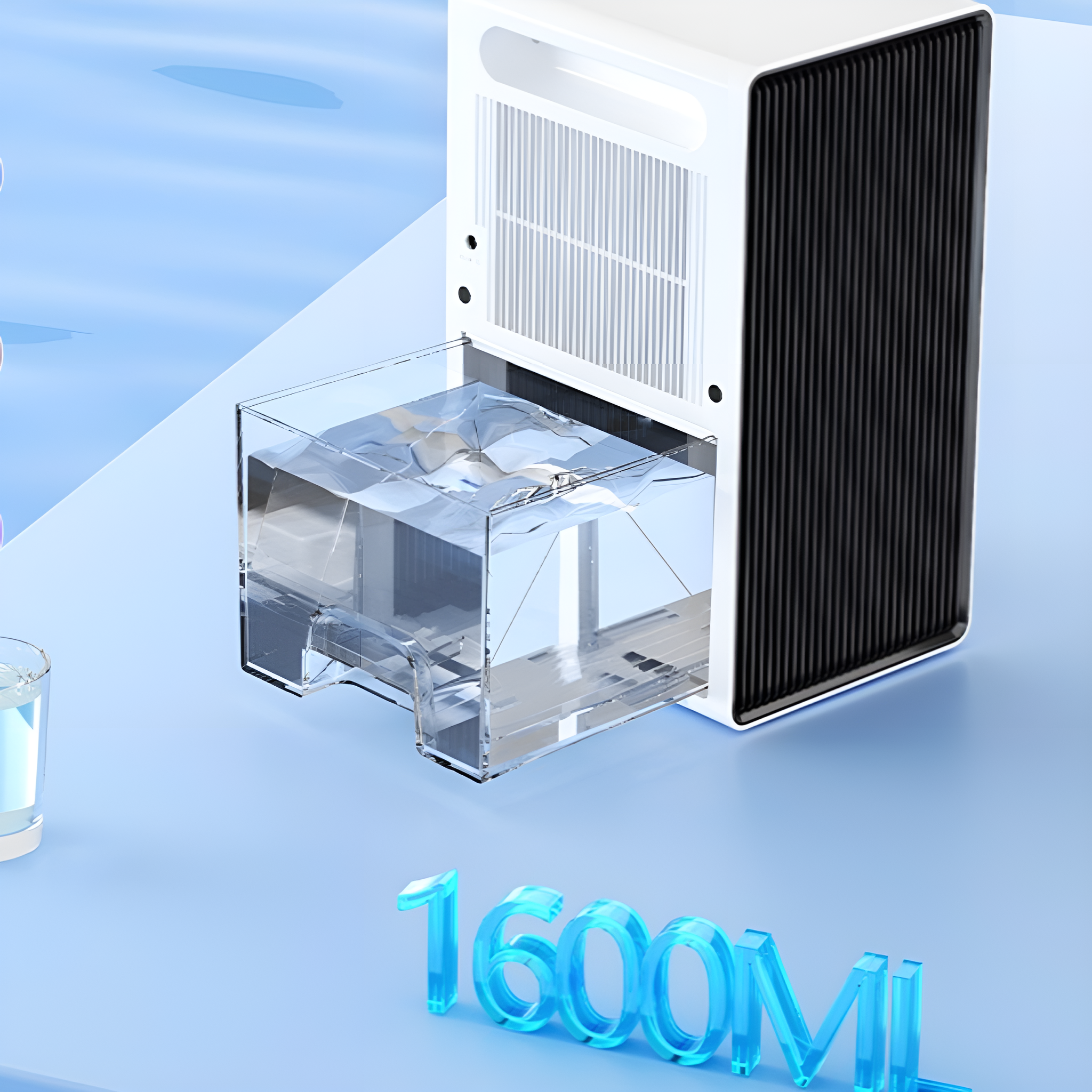 Ein weißer und schwarzer Luftentfeuchter mit einem durchsichtigen Wassertank.