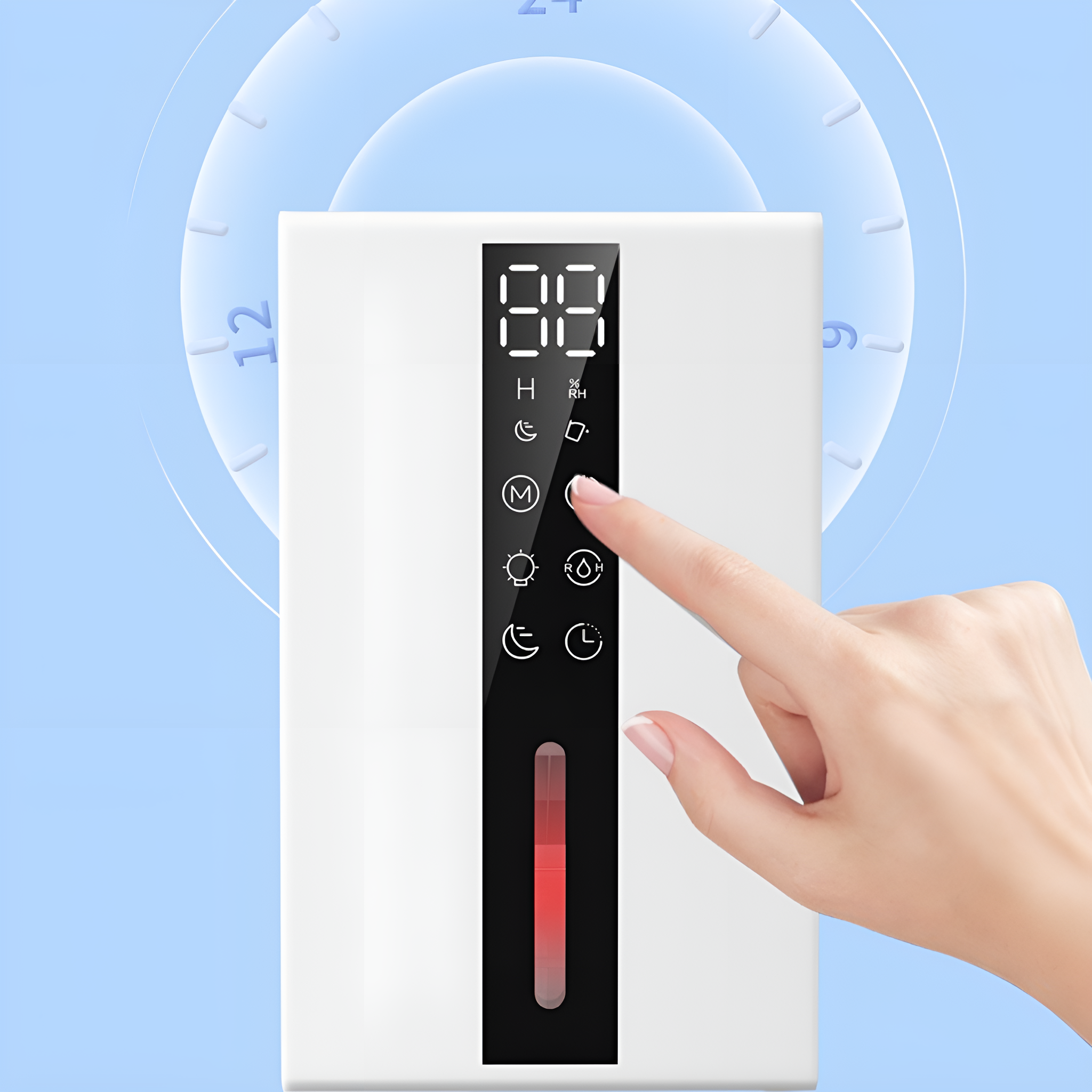 Ein weißer, rechteckiger Luftbefeuchter mit Touchscreen. Eine Hand berührt den Bildschirm.