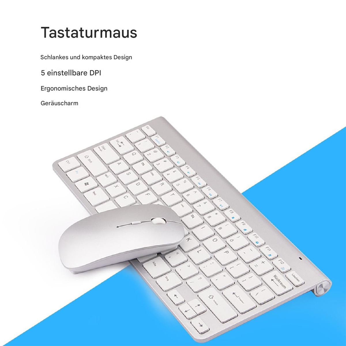 Silberne Tastatur und Maus auf blauem Hintergrund. Text oben beschreibt das Produkt.